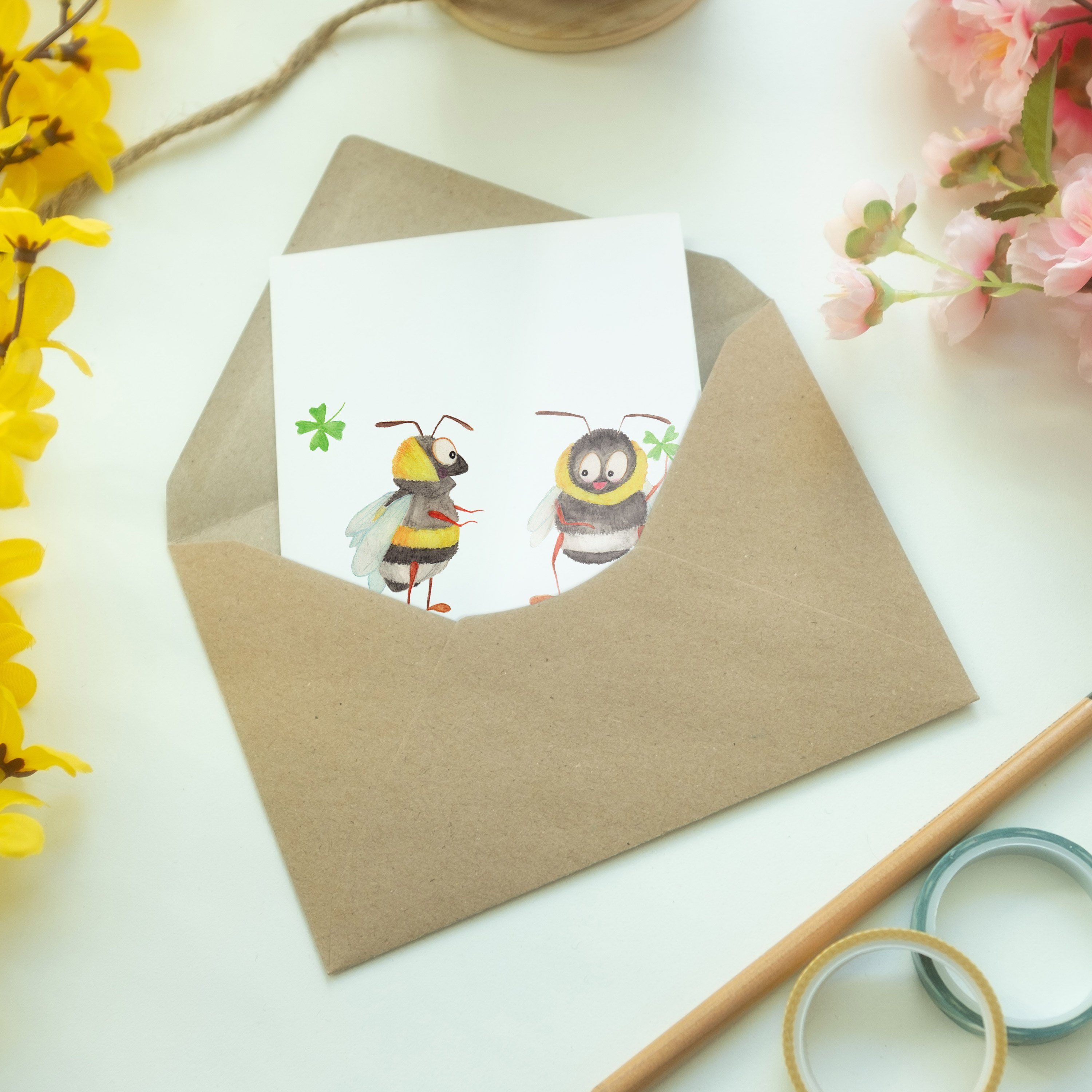 Mrs. - Weiß Geschenk, Biene Panda Grußkarte & Kleeblatt mit Deko, Hummeln Einladungskarte - Mr.