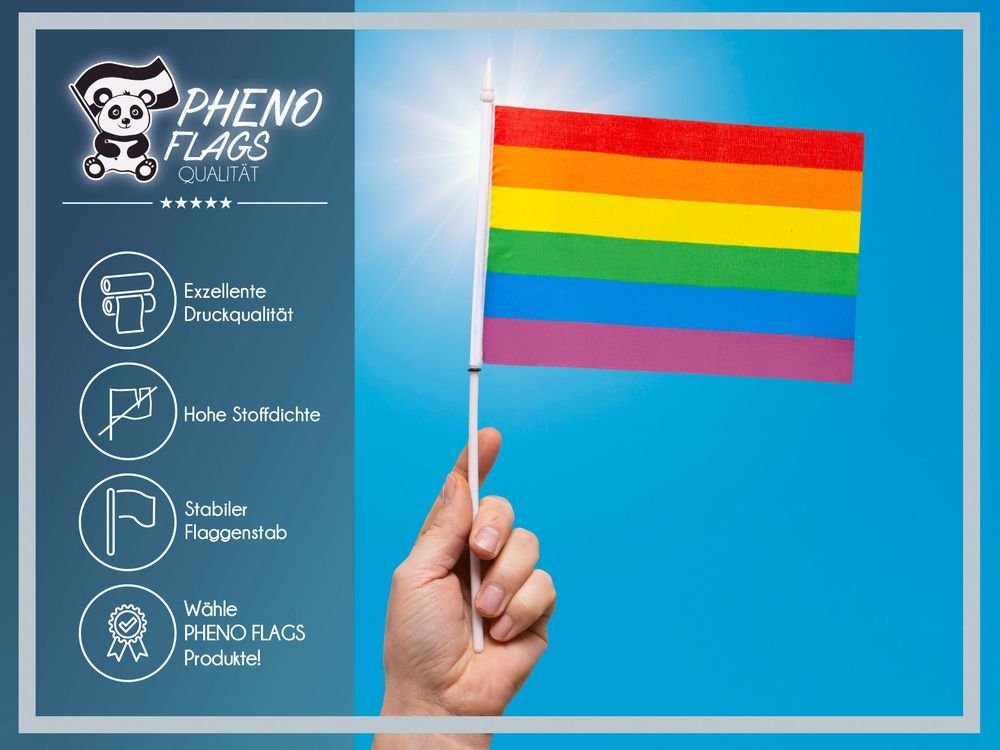 Regenbogen Handfahne Deko), PHENO mit Stab Flaggen (10er zur FLAGS Stockfahne Flagge Handflagge Set Fähnchen