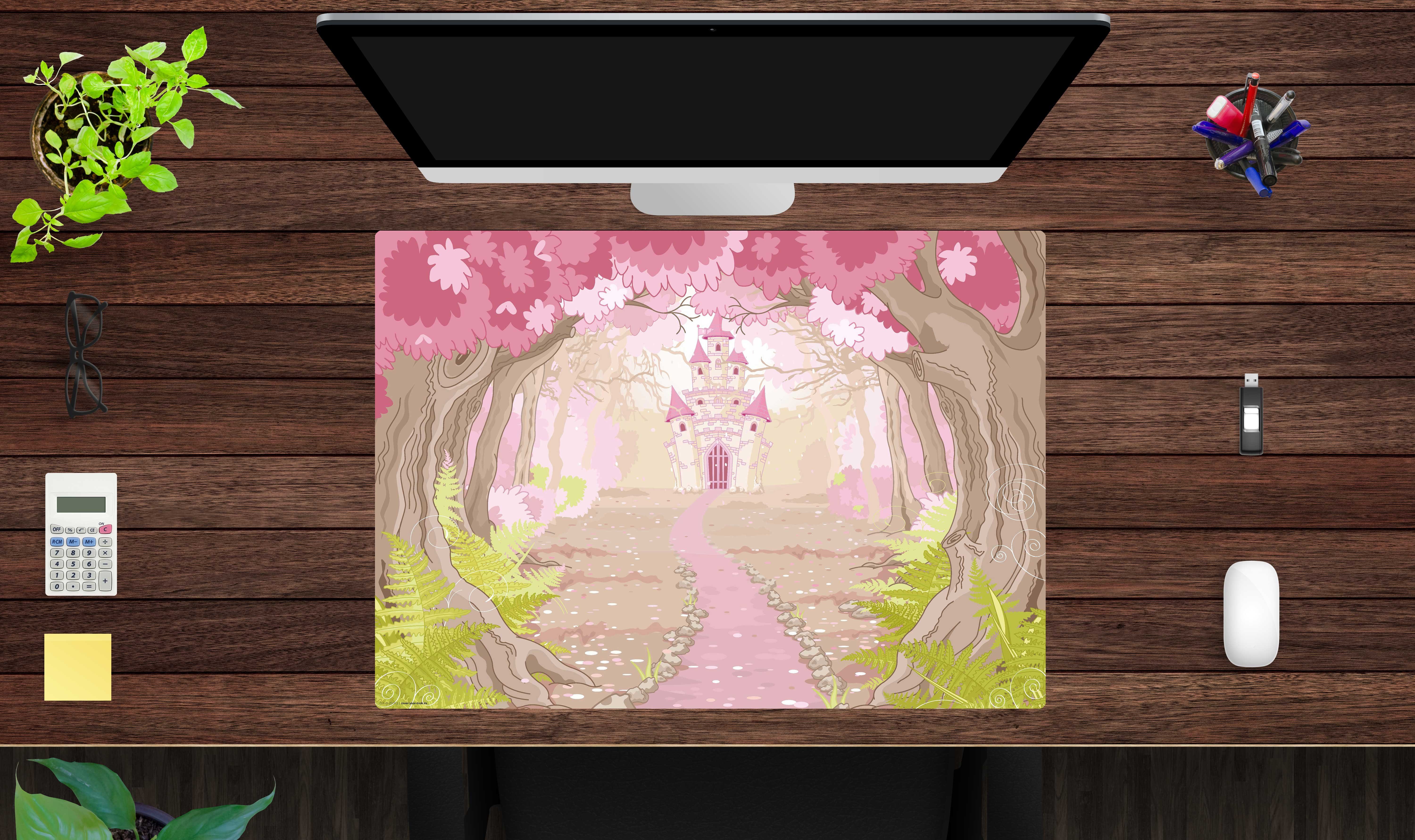 cover-your-desk.de Schreibtischunterlage abwaschbar – Märchenschloss im rosa Zauberwald – Premium-Vinyl, (1 tlg)