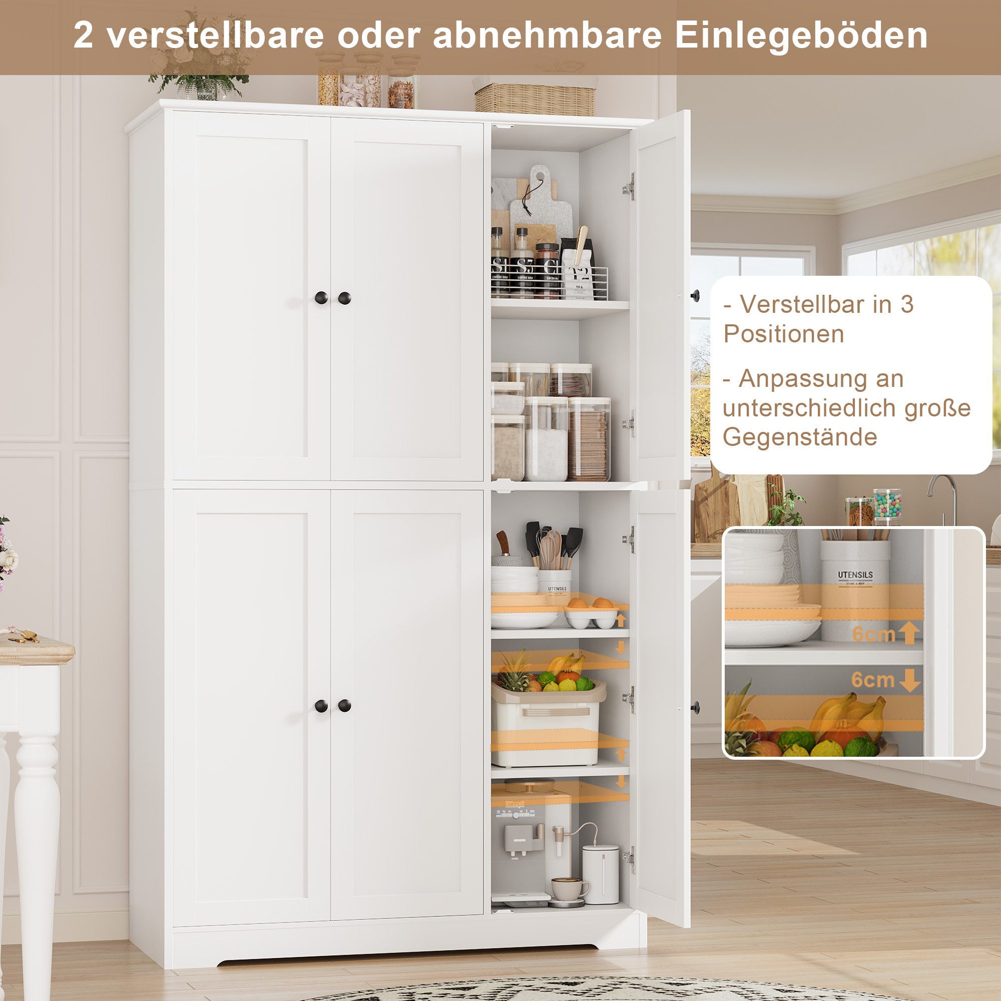 Homfa Mehrzweckschrank Küchenschrank Drehtürenschrank Kleiderschrank mit 6 Türen, Breite 106 cm, Höhe 180 cm, Weiß