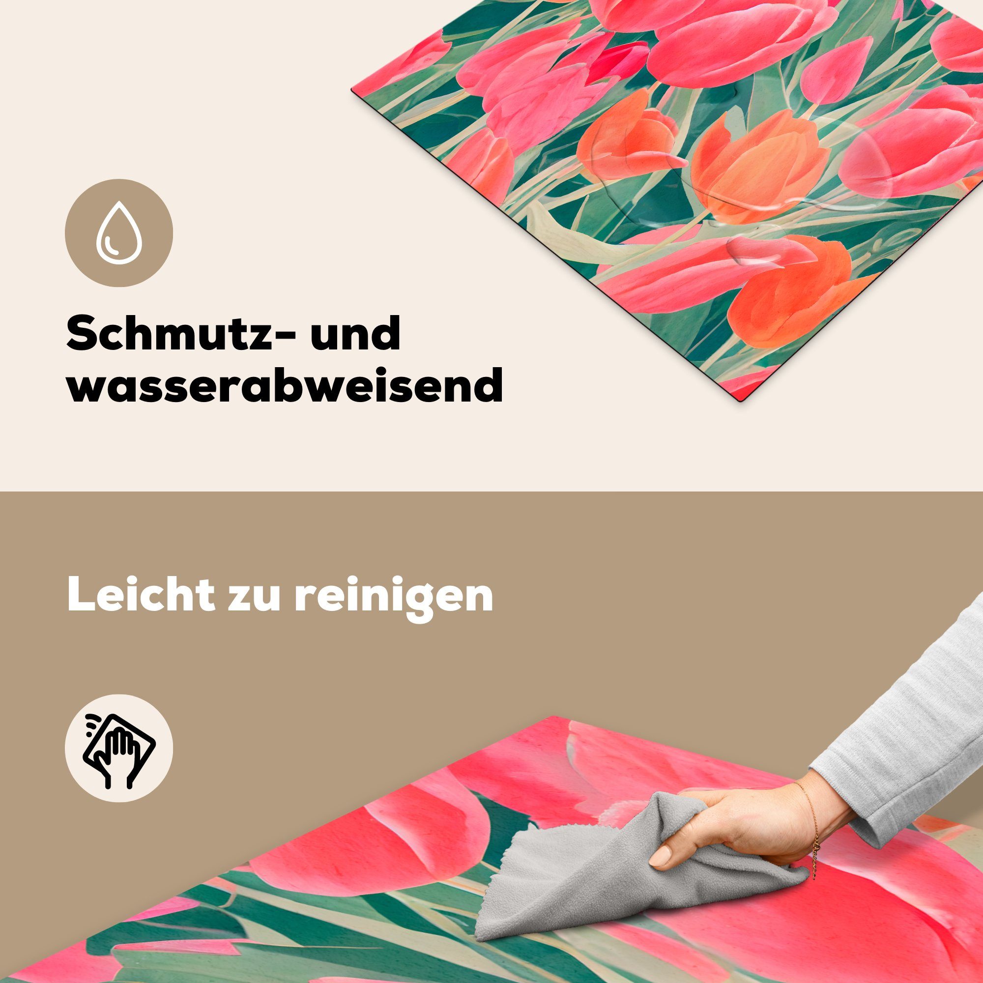 cm, Vinyl, Rot Kunst, nutzbar, - tlg), - Rosa 60x52 Ceranfeldabdeckung MuchoWow Arbeitsfläche (1 Herdblende-/Abdeckplatte - Tulpen Mobile Blumen -