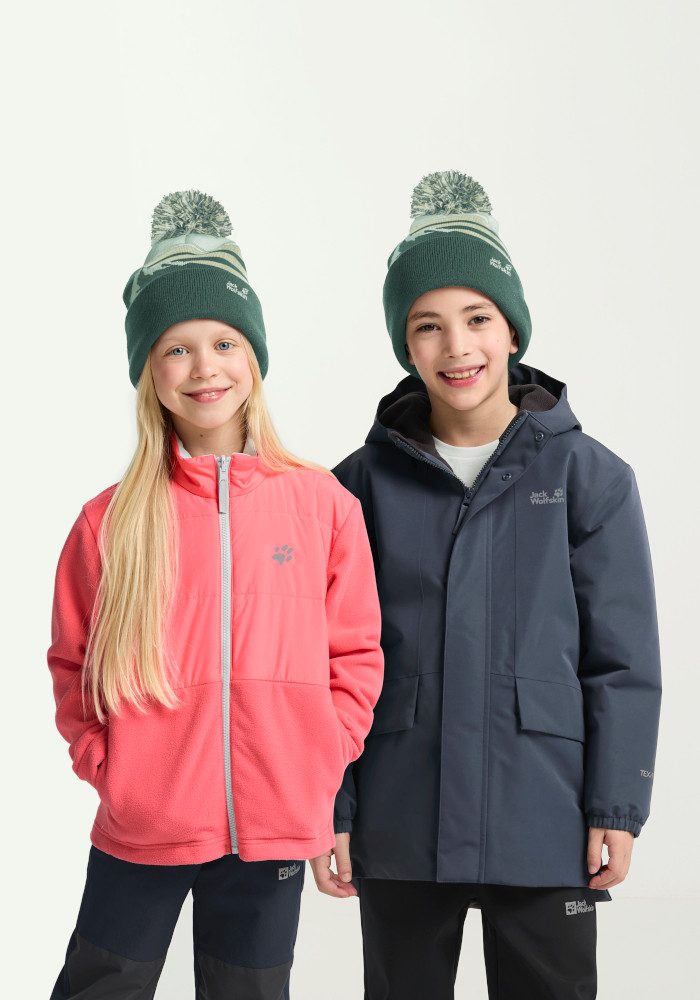 Jack Wolfskin Bommelmütze STRIPY POMPOM BEANIE K Bommelmütze für Kinder, warm, bequem