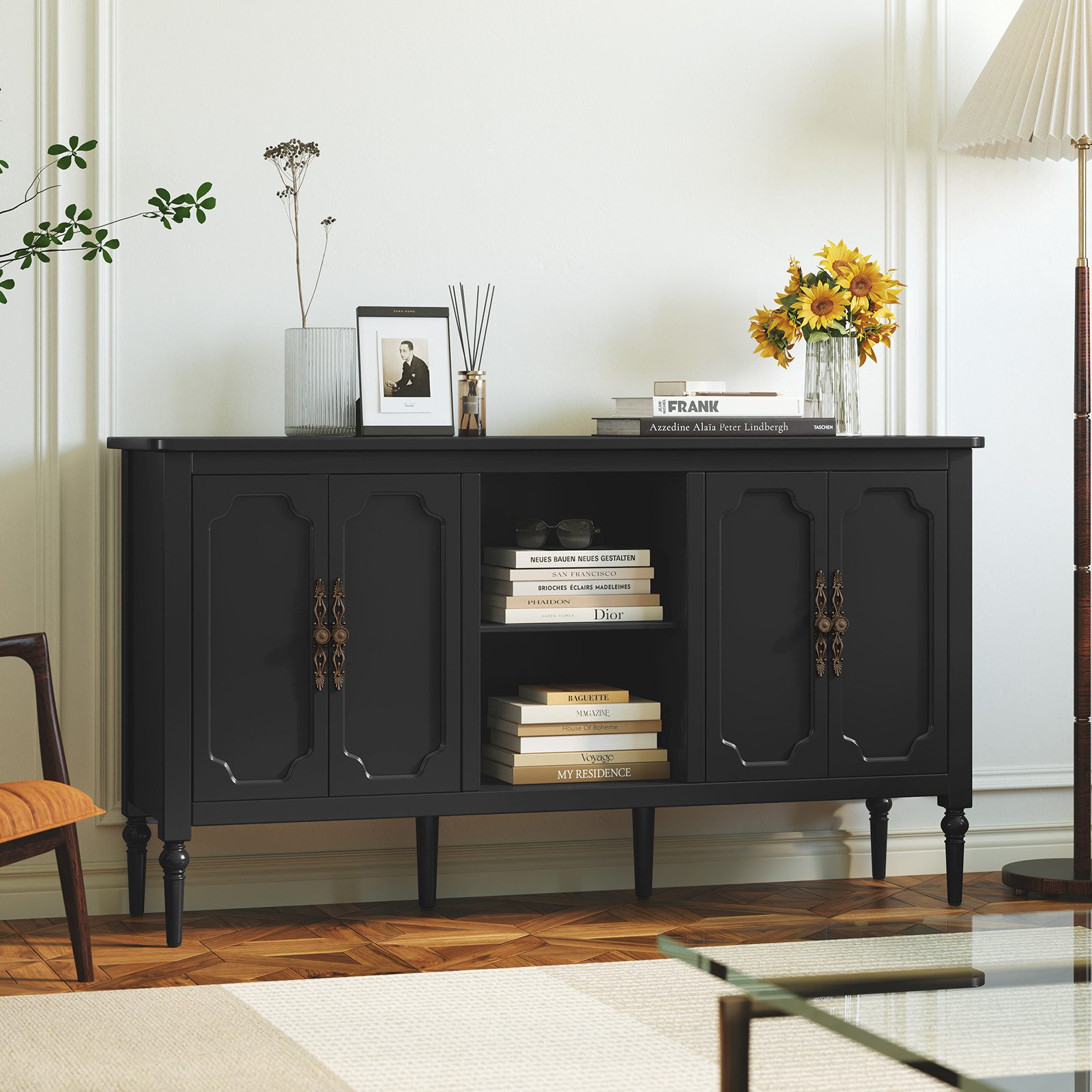 HOLTICO Sideboard Buffet Schrank mit 4 Türen und offenem Regal, Vintage Akzent Kommode (1 St), TV-Schrank, Küchenschrank, Kredenz, und Weinschrank – Bild 4 von 5