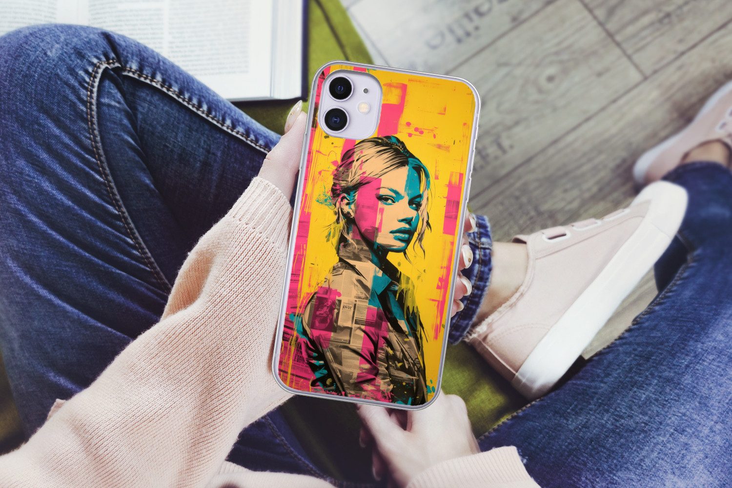 MuchoWow Handyhülle für Apple iPhone 11 Frau - Malstreifen - Farbig, Smartphone-Bumper, Print, Handy Schutzhülle Dünn