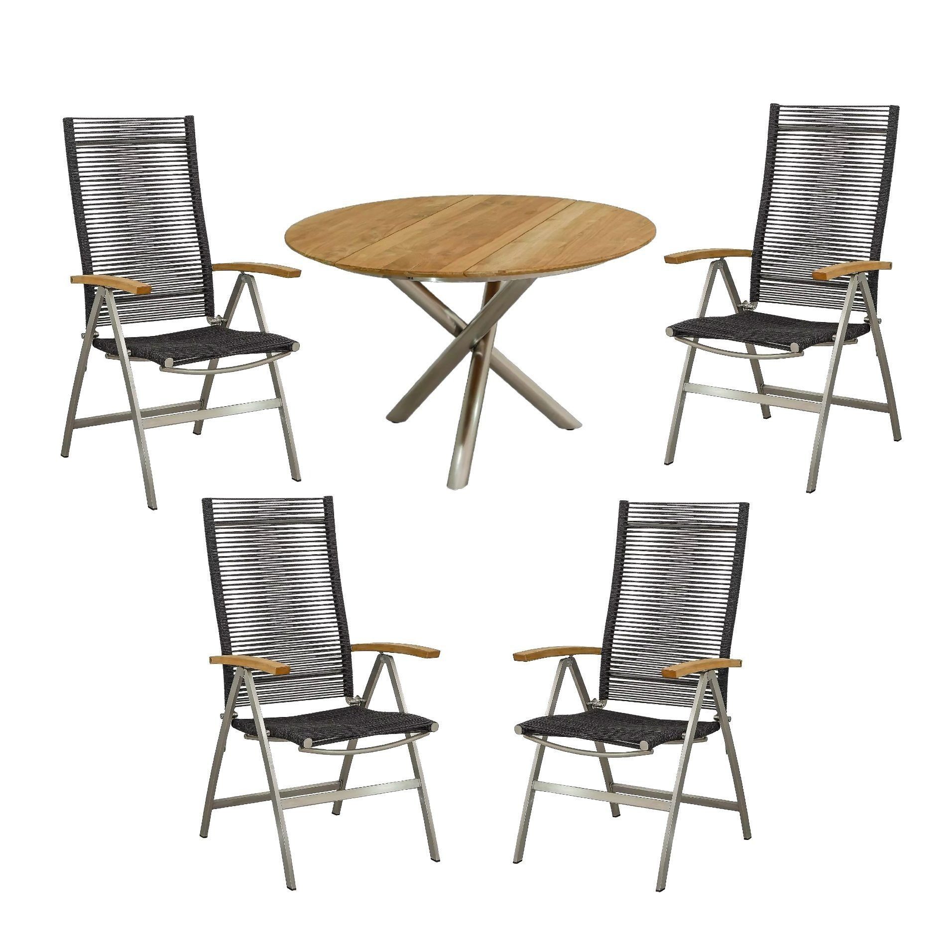 CASA DOMA Garten-Essgruppe Mineo/Perano, (Gartenmöbel-Set, 5-tlg., Runder Gartentisch mit 4 Klappsesseln), Edelstahl gebürstet, Teak-Tischplatte, Rope-Bespannung