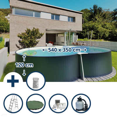 Planet Pool Achtformpool Stahlwandpool Set (6-teilig) achtform 540x350x120c (Komplett-Set), verzinkte Stahlwand