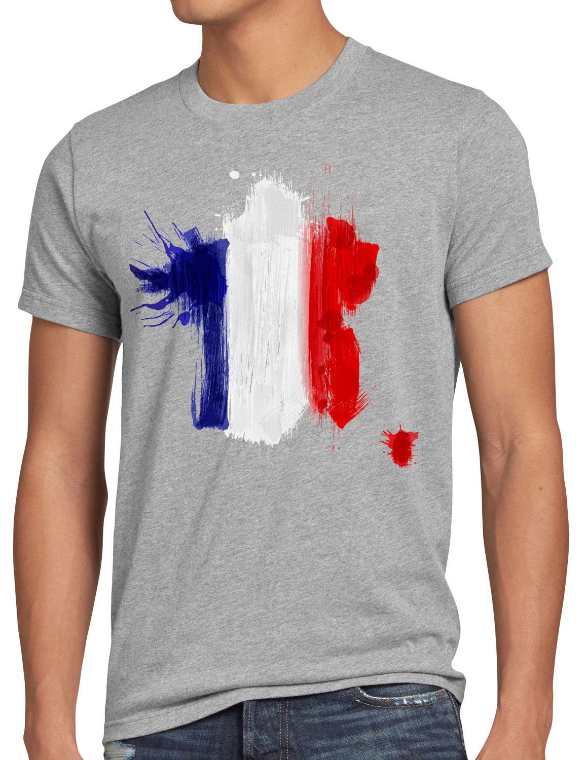 Fußball Sport T-Shirt meliert style3 grau Herren Fahne EM Frankreich Flagge France Print-Shirt WM