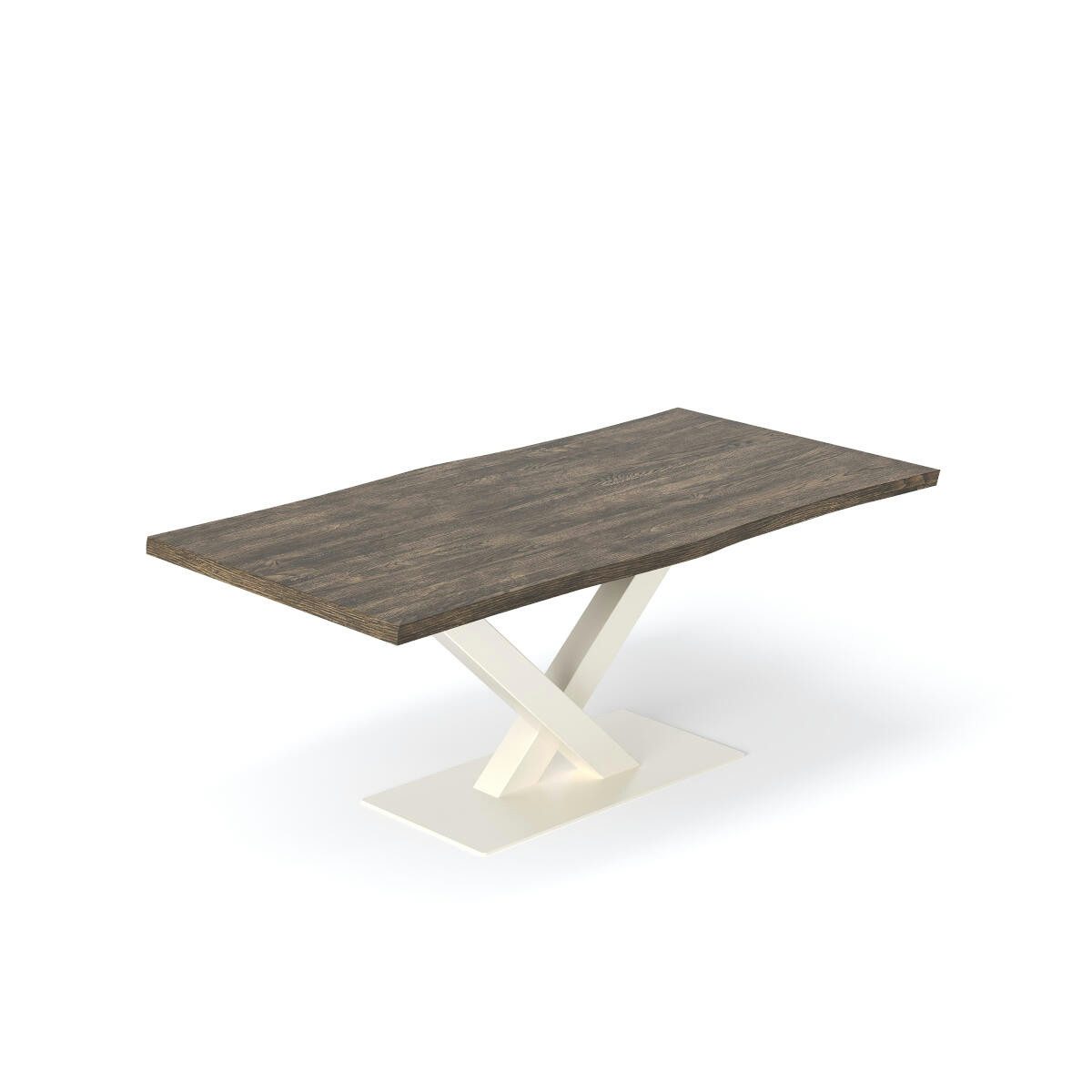 Rellgo Esstisch aus massiver Eiche – Baumkante & weißes V-Gestell – robust & edel, 4 cm starke Platte, geölte Oberfläche, markante Maserung