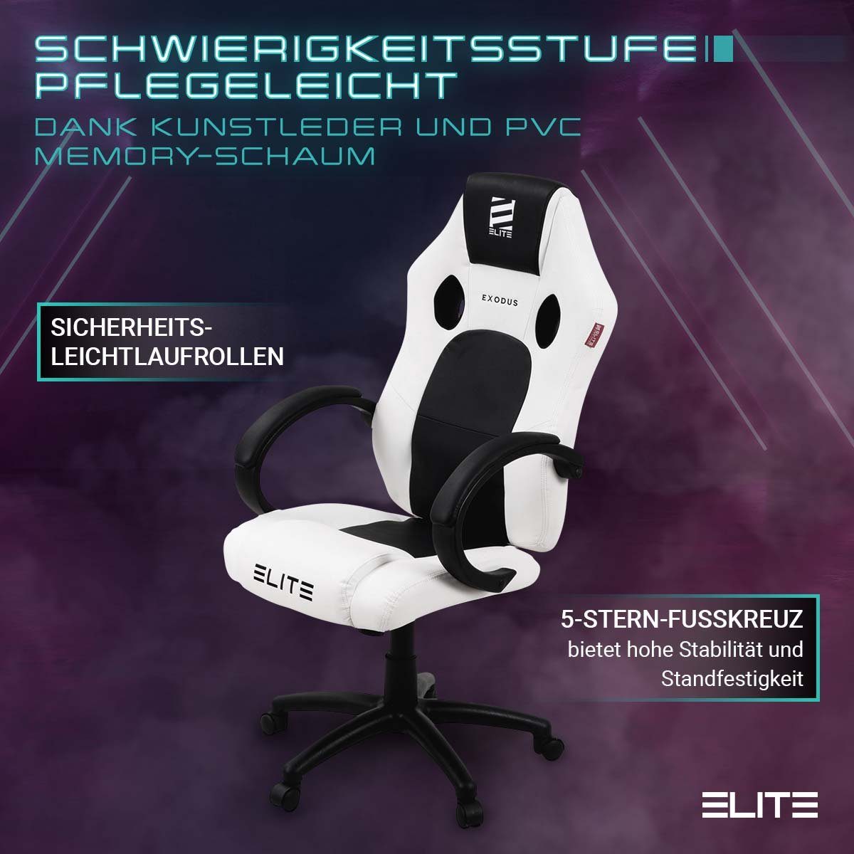 Gamingstuhl Racing mit Grad Belastbarkeit inkl. Memory-Schaum, hochwertige 150 Office ELITE horizontal Schwarz Computer verstellbare Zockerstuhl Wippmechanik, Exodus Chair, St), 1 (Drehstuhl Sicherheits-Doppelrollen, Hohe Sitzhöhe, / Sitzfläche 360 Stuhl Weiß Drehsessel, Gaming Bürostuhl Sicherheitsgasdruckfeder, Gaming bis PVC drehbar, Pflegeleicht, Racingstuhl, Computerstuhl, Rückenlehne-Gaming verriegelbare Fußkreuz, mit kg, St), 5-Stern XXL Gaming-Stuhl hoher Stuhl-Home Armpolster, 1 mit Ergonomischer Chair, Verarbeitung, Racing-Design