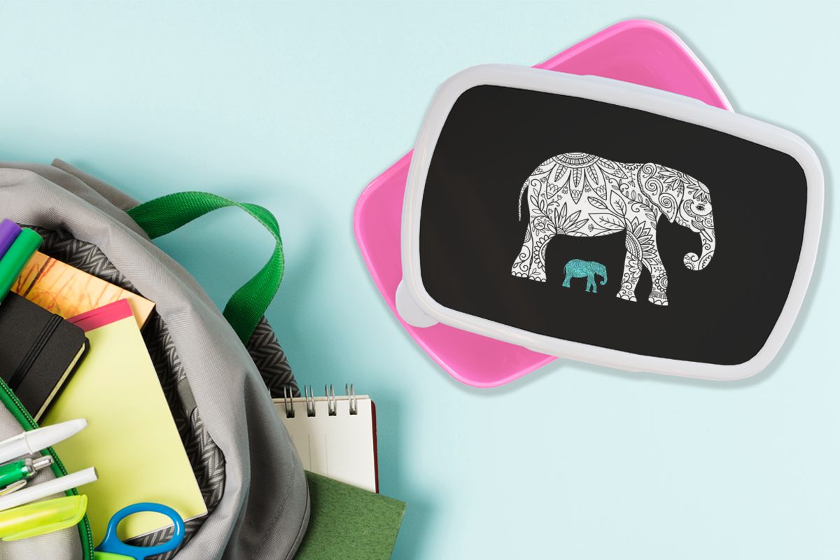 rosa Lunchbox (2-tlg), Brotdose Blumen Snackbox, Kinder, Mädchen, Kunststoff Kunststoff, - für Elefant Pflanzen, Erwachsene, - MuchoWow Brotbox