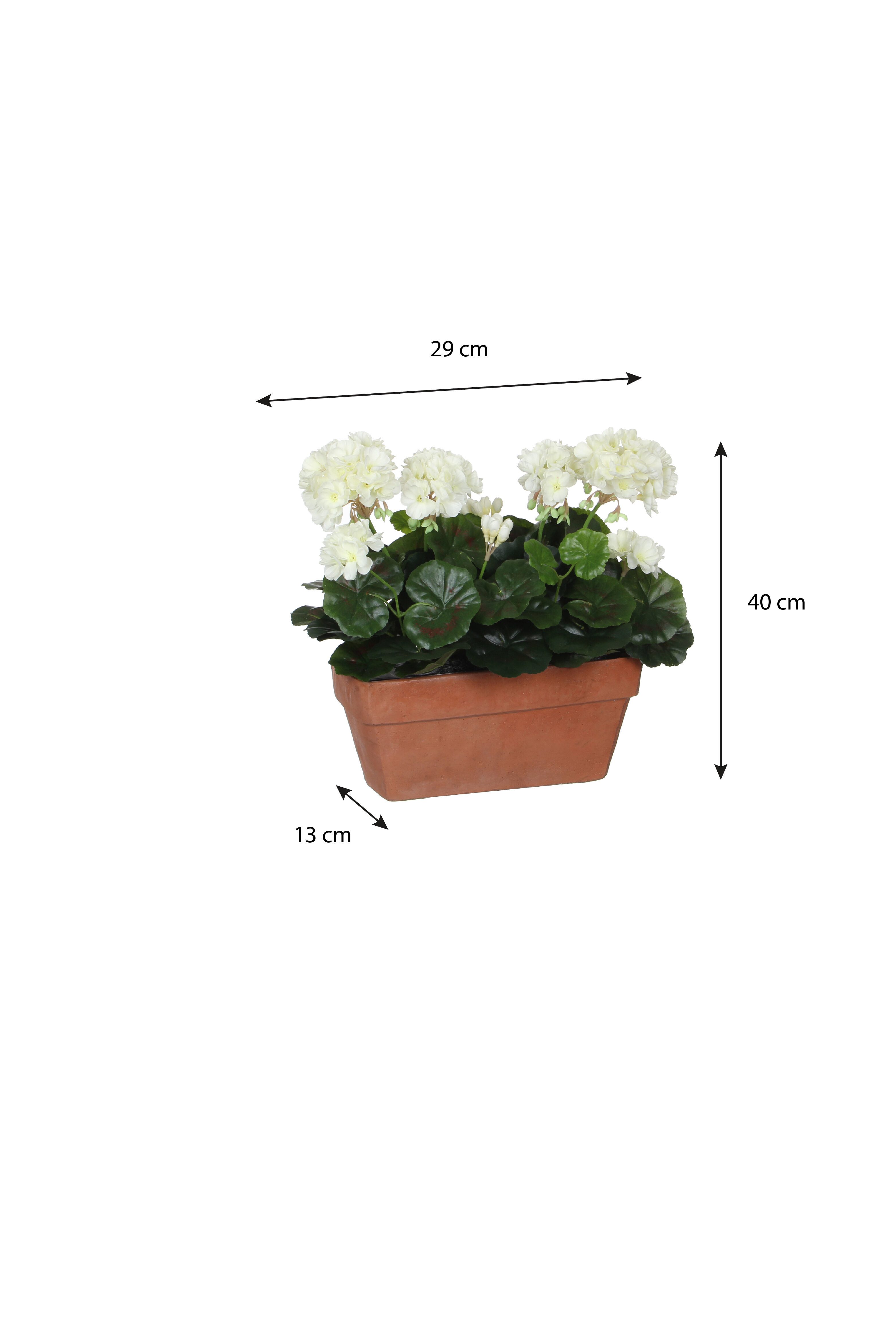 Kunstpflanze Mica Decorations Geranium weiss in Balkonkaste terra - l29xb13xh40cm, Mica Decorations, Höhe 40 cm
