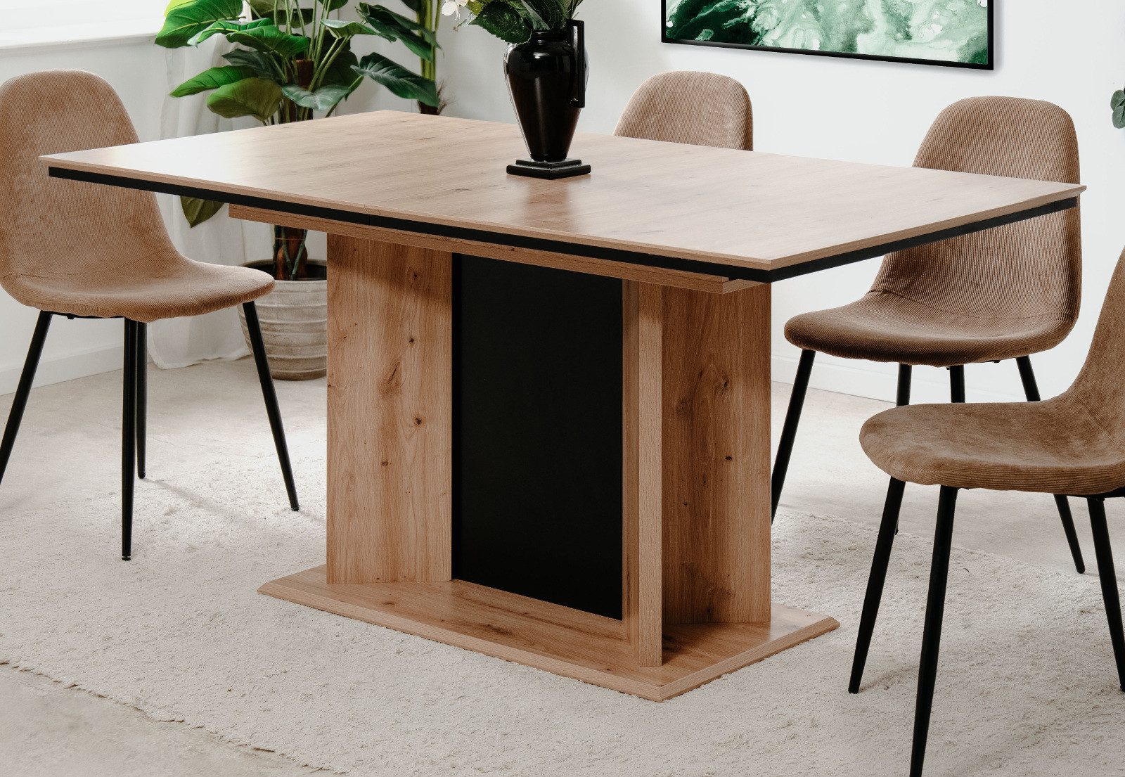 Furn.Design Esstisch Varese (in Artisan Eiche und schwarz, Säulentisch 160 / 200 x 90 cm), ausziehbar