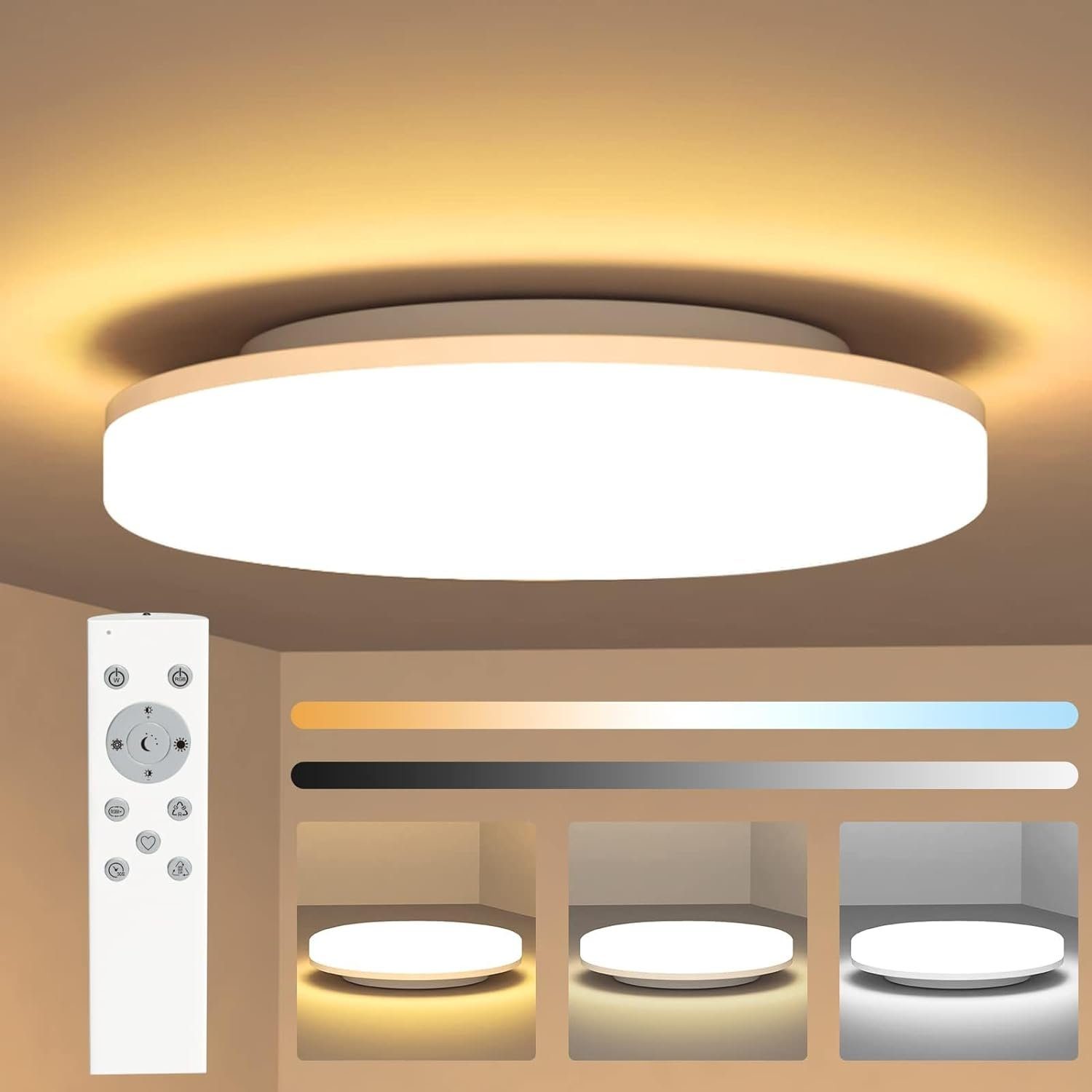 Nettlife LED Panel Deckenlampe Rund Badezimmer Decke 24W Badlampe 27*4.8CM, IP54 Wasserdicht, LED fest integriert, Warmweiß Neutralweiß Kaltweiß, Dimmbar mit Fernbedienung, Schlafzimmer Flur Küche Wohnzimmer Balkon