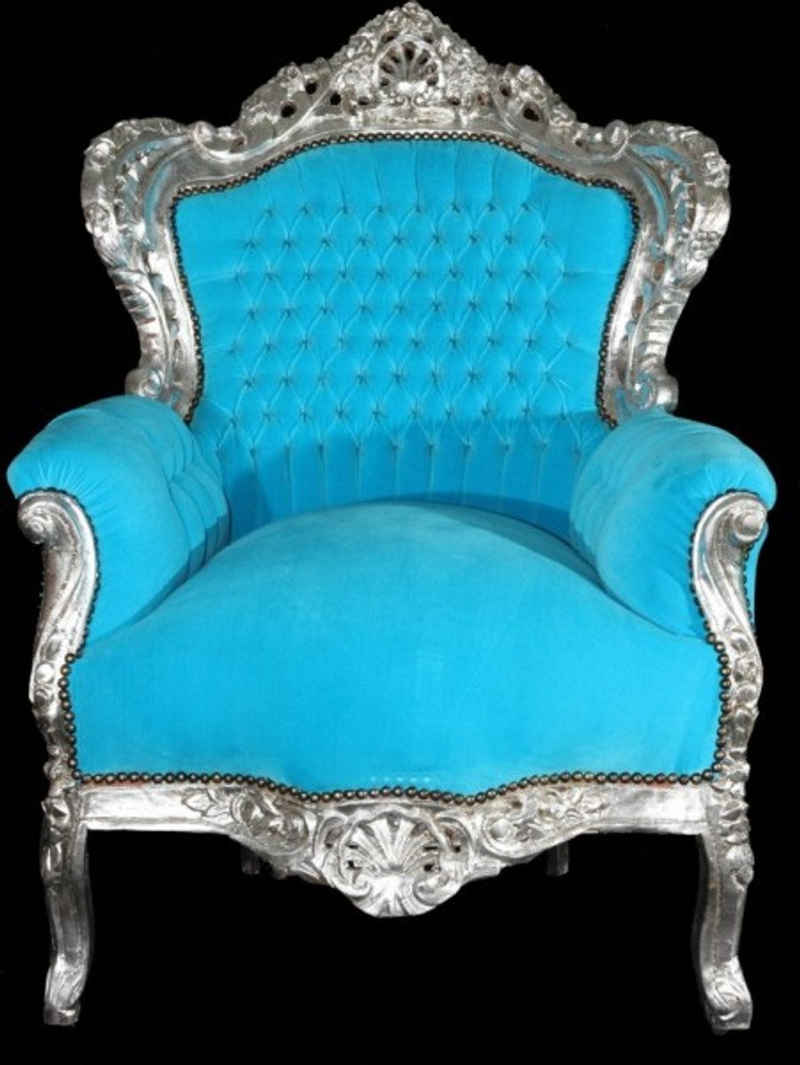 Casa Padrino Sessel Barock Sessel King Türkis/Silber Thron Tron Königstron