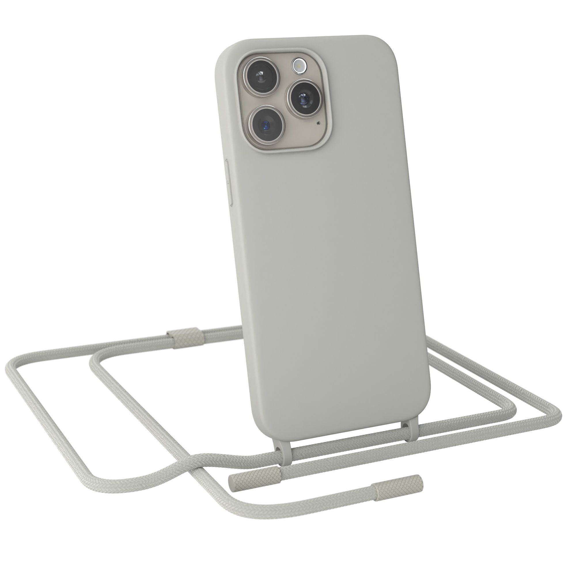 EAZY CASE Handykette Runde Kette für Apple iPhone 15 Pro Max 6,7 Zoll, Schutzhülle zum Umhängen Hülle mit Umhängeband Kettenhülle Grau Taupe