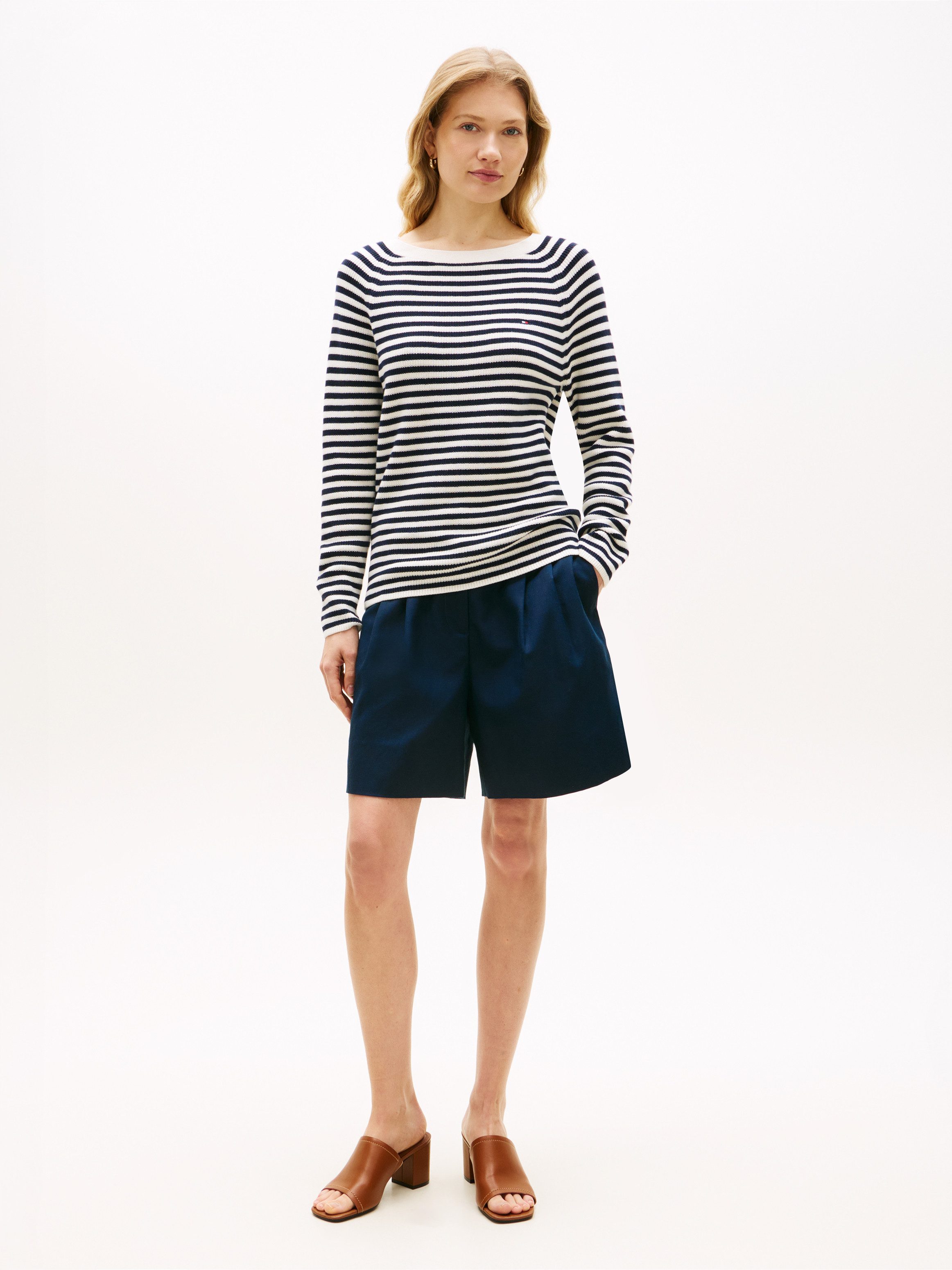 Tommy Hilfiger Strickpullover CO CARDI FINE GG LS BOAT-NK SWT mit Raglanärmel, Logostickerei