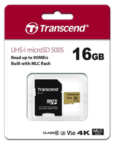 Transcend Micro SDHC Karte 16GB 500S UHS-I U3 4K V30 Class 10 Speicherkarte