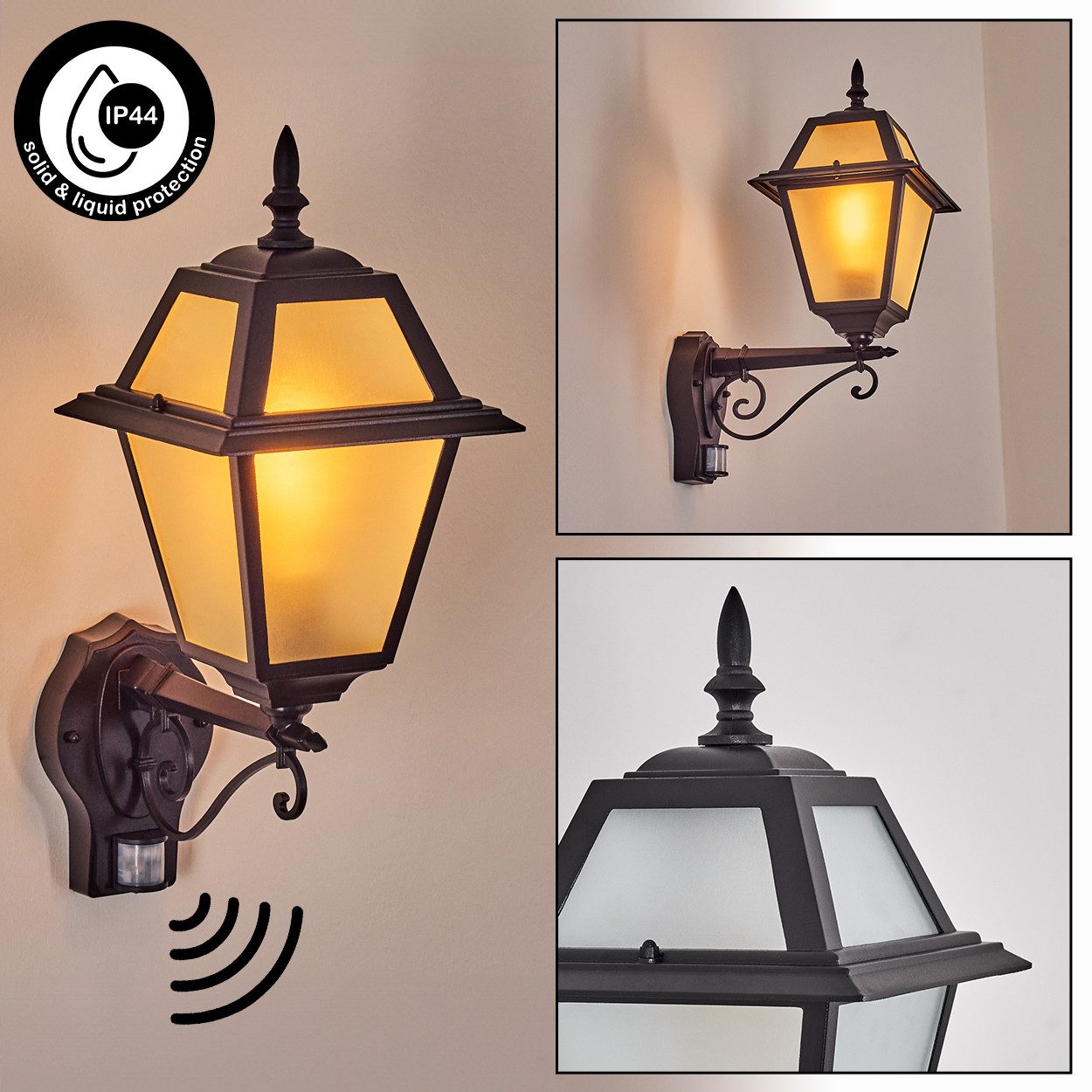 hofstein Außen-Wandleuchte Außenwandlampe mit Bewegungsmelder aus Metall/Glas in Schwarz/Weiß, ohne Leuchtmittel, Wandleuchte außen im Vintage/Antik/Landhaus-Design, E27, IP44