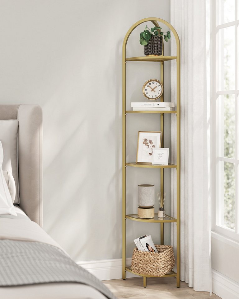 VASAGLE Eckregal Bücherregal, Pflanzenregal, Standregal, Badezimmerregal, Stahlrahmen, Ablagen aus Hartglas, modern, für Wohnzimmer, Küche