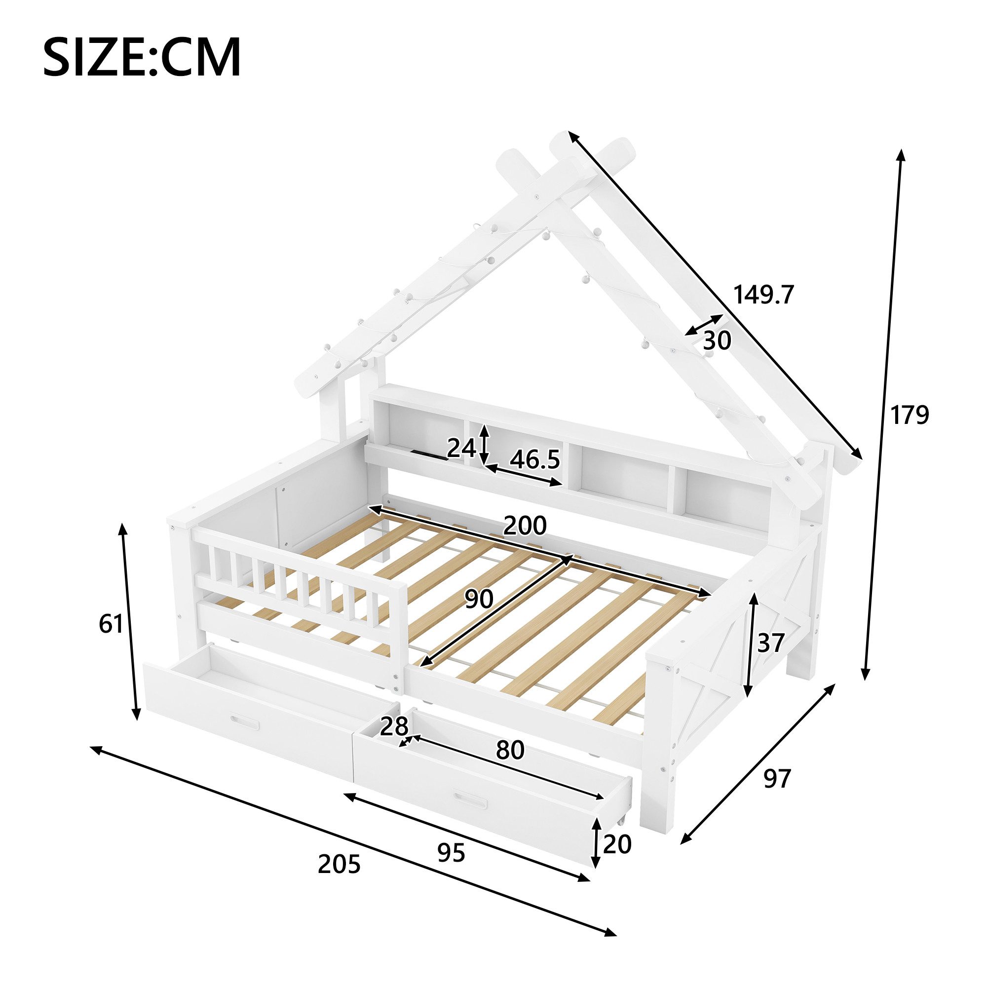 Merax Hausbett in Hausform mit LED-Beleuchtung (1-tlg., Massivholz Jugendbett Einzelbett), Kinderbett 90x200cm mit 2 Schubladen Staufächern Schutzgitter Staurau – Bild 5 von 5