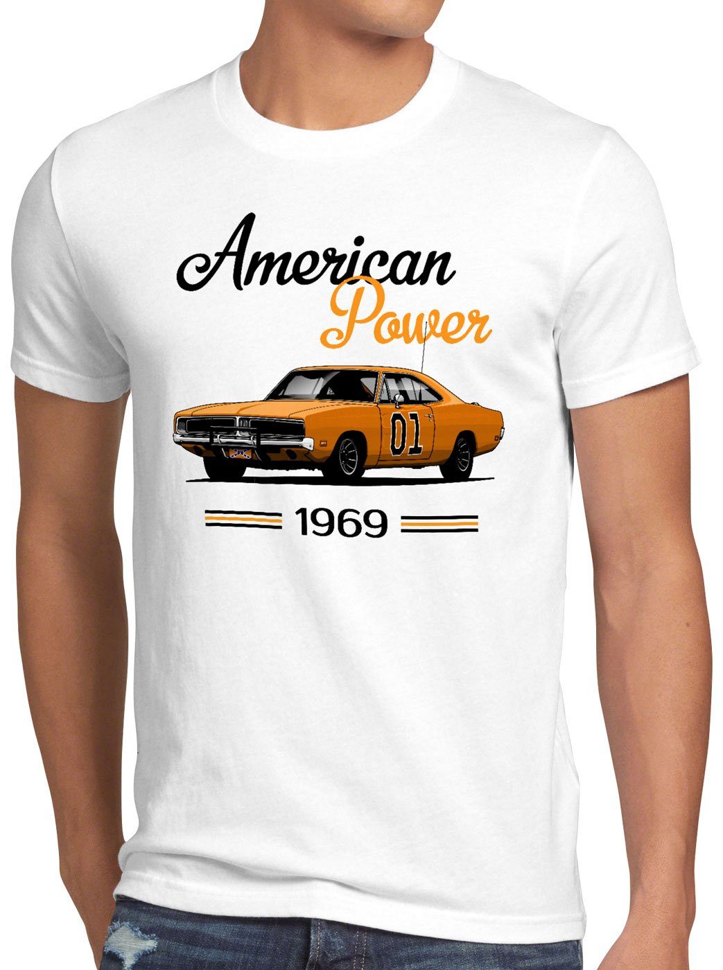 style3 Print-Shirt Herren T-Shirt American Power charger general lee muscle car weiß