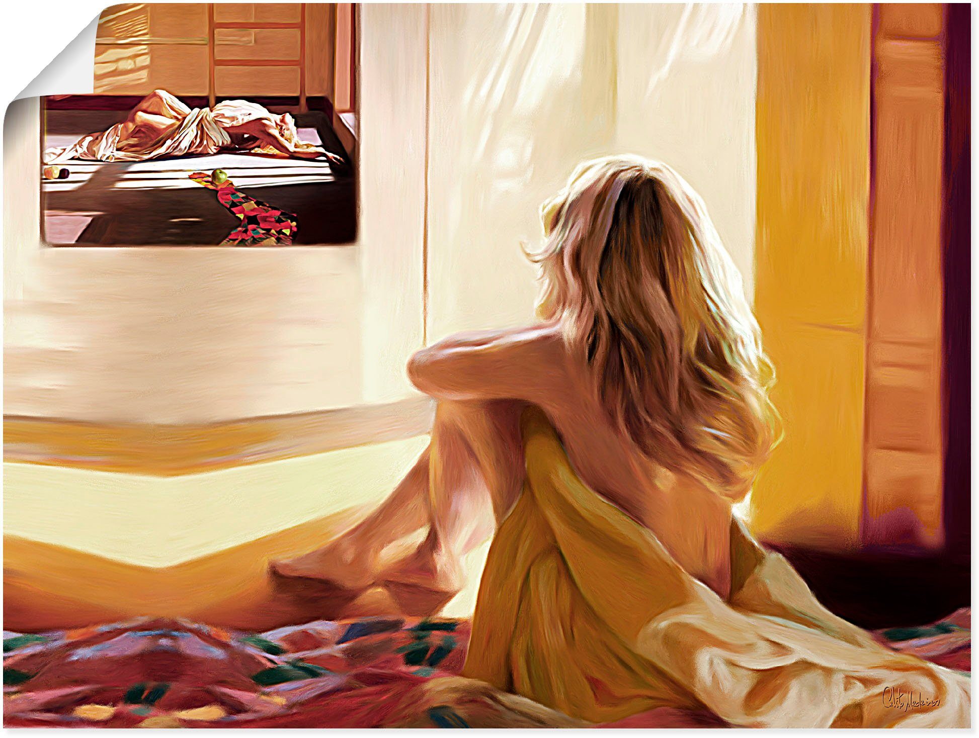 Wandbild Poster Leinwandbild, Bilder Alubild, Blondes Wandaufkleber (1 versch. oder sitzt Frauen Größen von Artland Mädchen Bett, dem St), als auf in