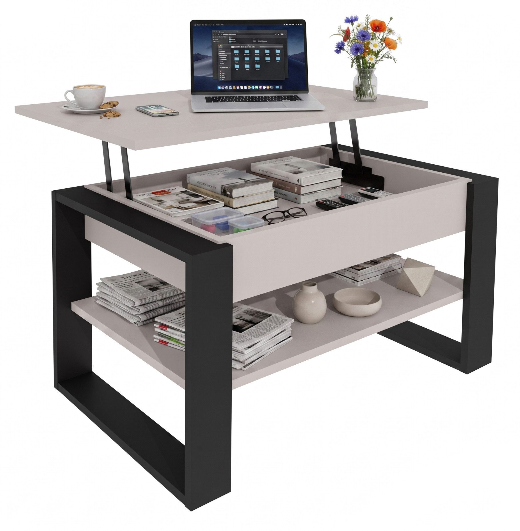 TREND WERK Couchtisch Lift-Couchtisch höhenverstellbar Sofatisch 92×55 cm mit Stauraum (verstecktem Fach Wohnzimmertisch Holz modern)