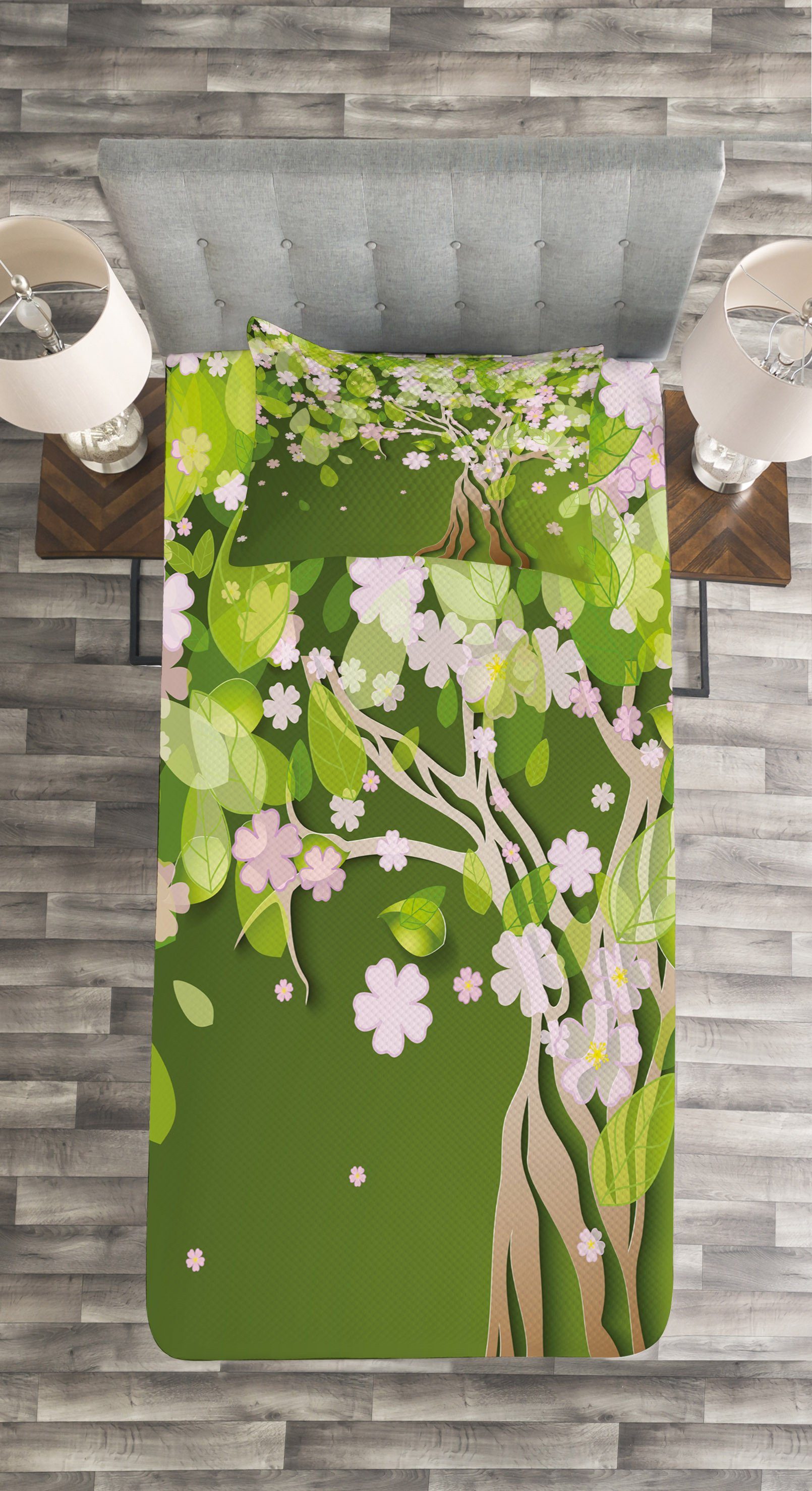Tagesdecke Waschbar, Blühende Röschen mit Blütenblätter Abakuhaus, Baum Kissenbezügen Set