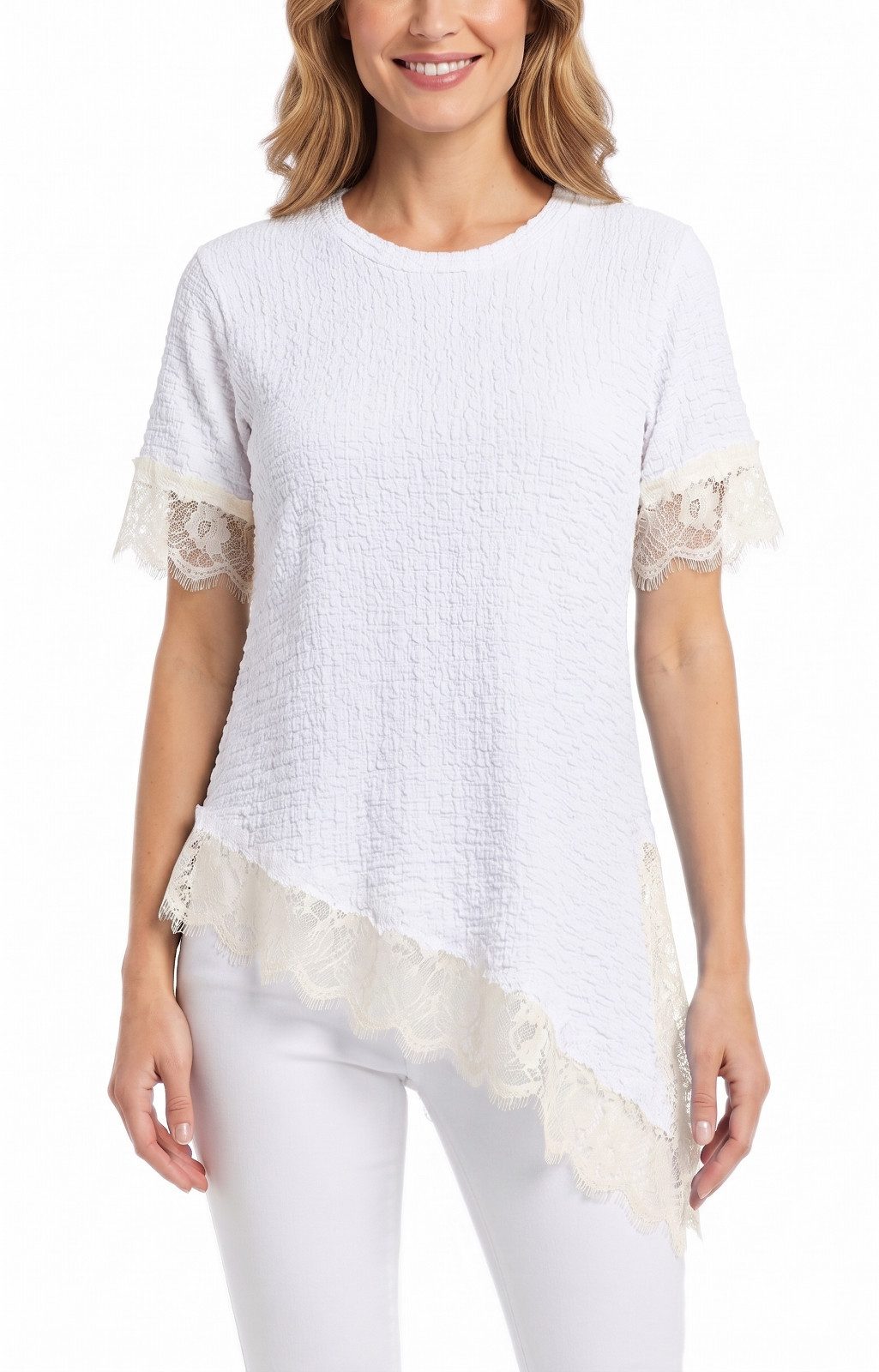 dy_mode Longtunika Damen Longshirt mit Spitzen Kurzarm Tunika in Knitter-Optik Oberteil in Unifarbe, Knitter-Optik, asymmetrisch mit Spitzen-Saum