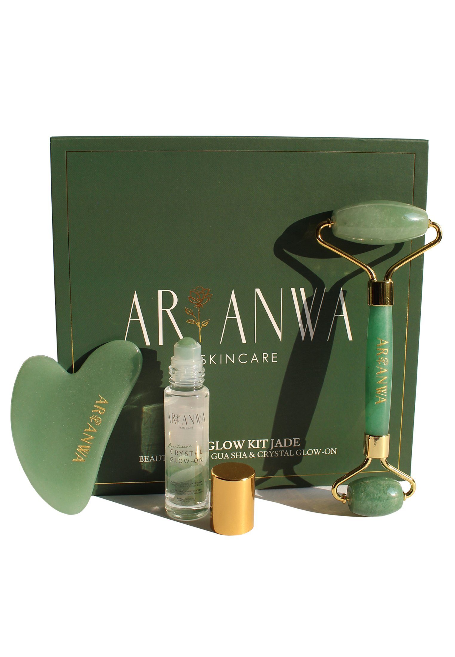 ARI ANWA Skincare Wellness-Pflegeset The Glow Kit Jade I Jade Roller + Gua Sha + Roll On mit Rosenwasser«