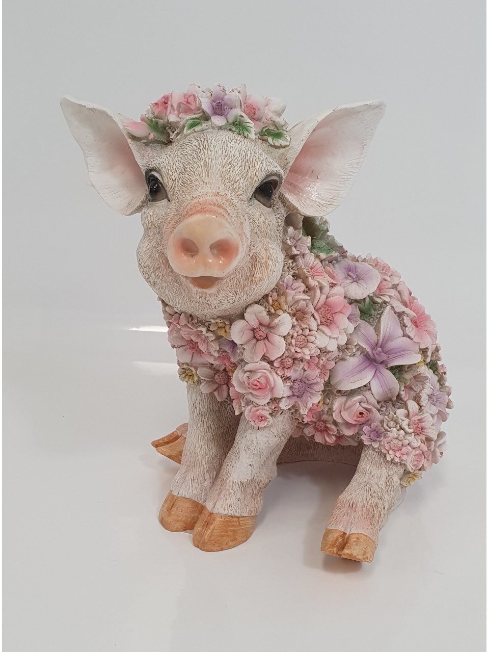 Figurendiscounter Gartenfigur Dekofigur Blumenschwein sitzend 18x 24 cm