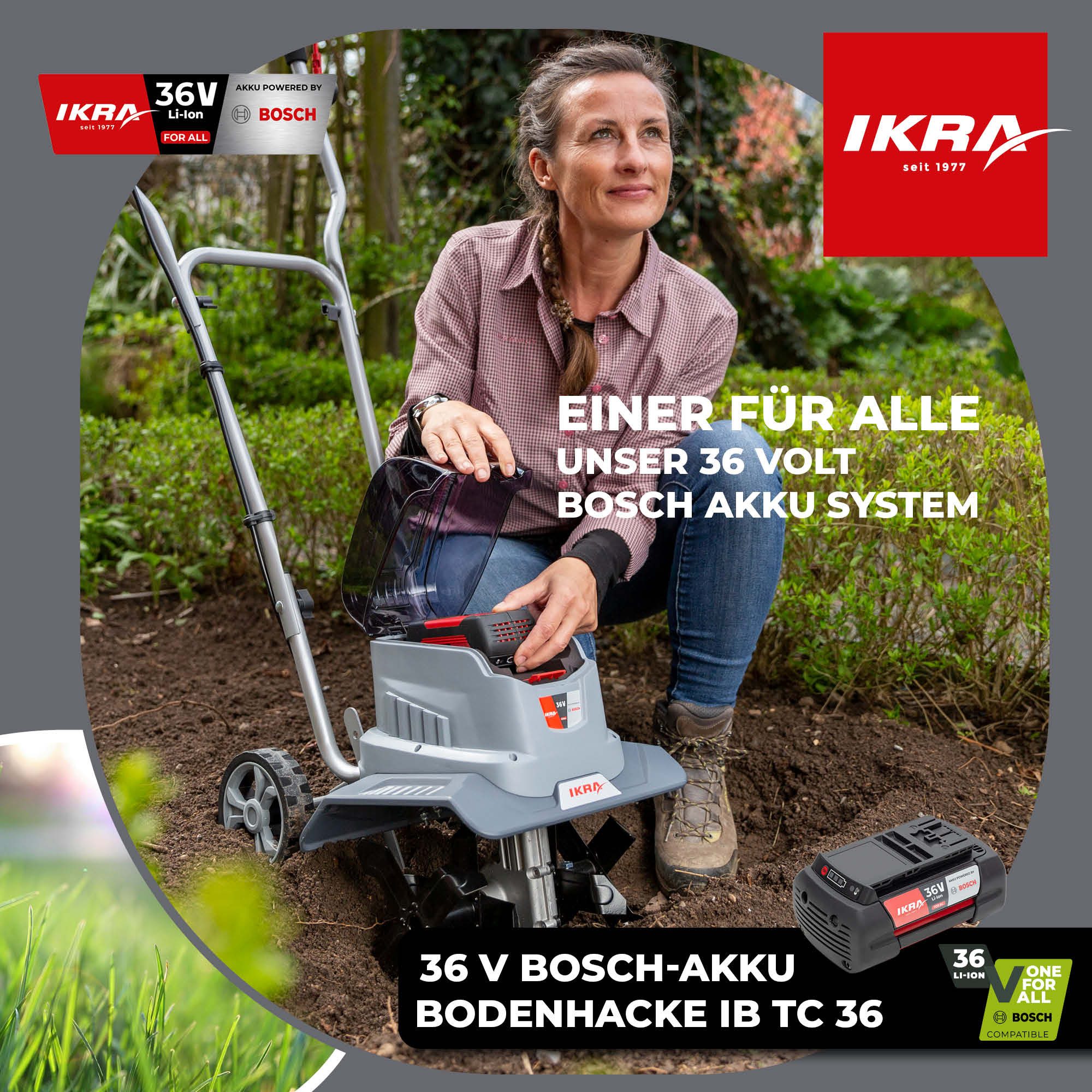 ikra GmbH Akku-Motorhacke IB-TC 36, 30 cm Arbeitsbreite, ohne Akku & Ladegerät, kompatibel mit BOSCH 36V