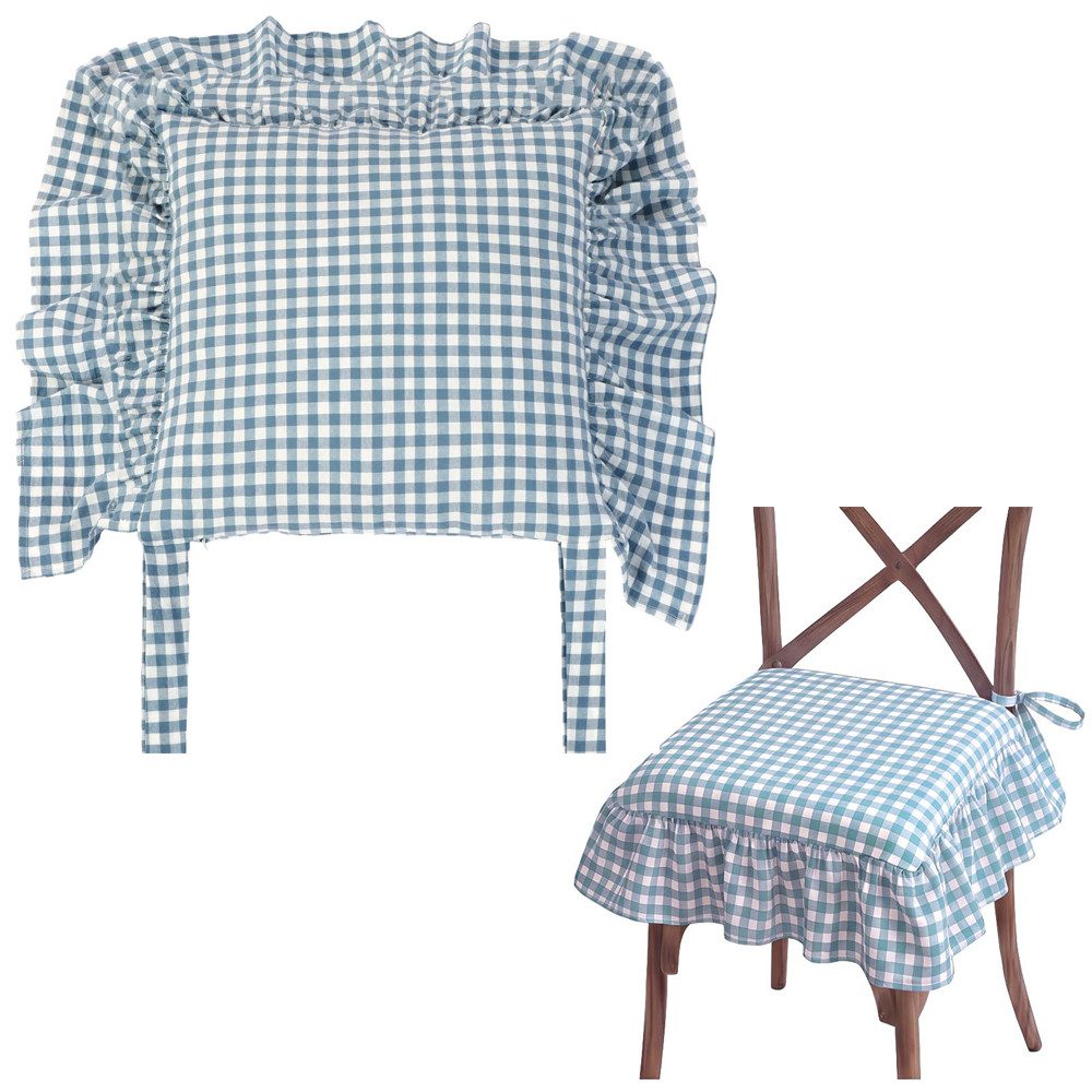 Zyronn Sitzkissen Stuhlkissen mit Volant und Bindebändern, kariert, 45×45 cm Landhaus Stuhlauflage für Esszimmer und Küche