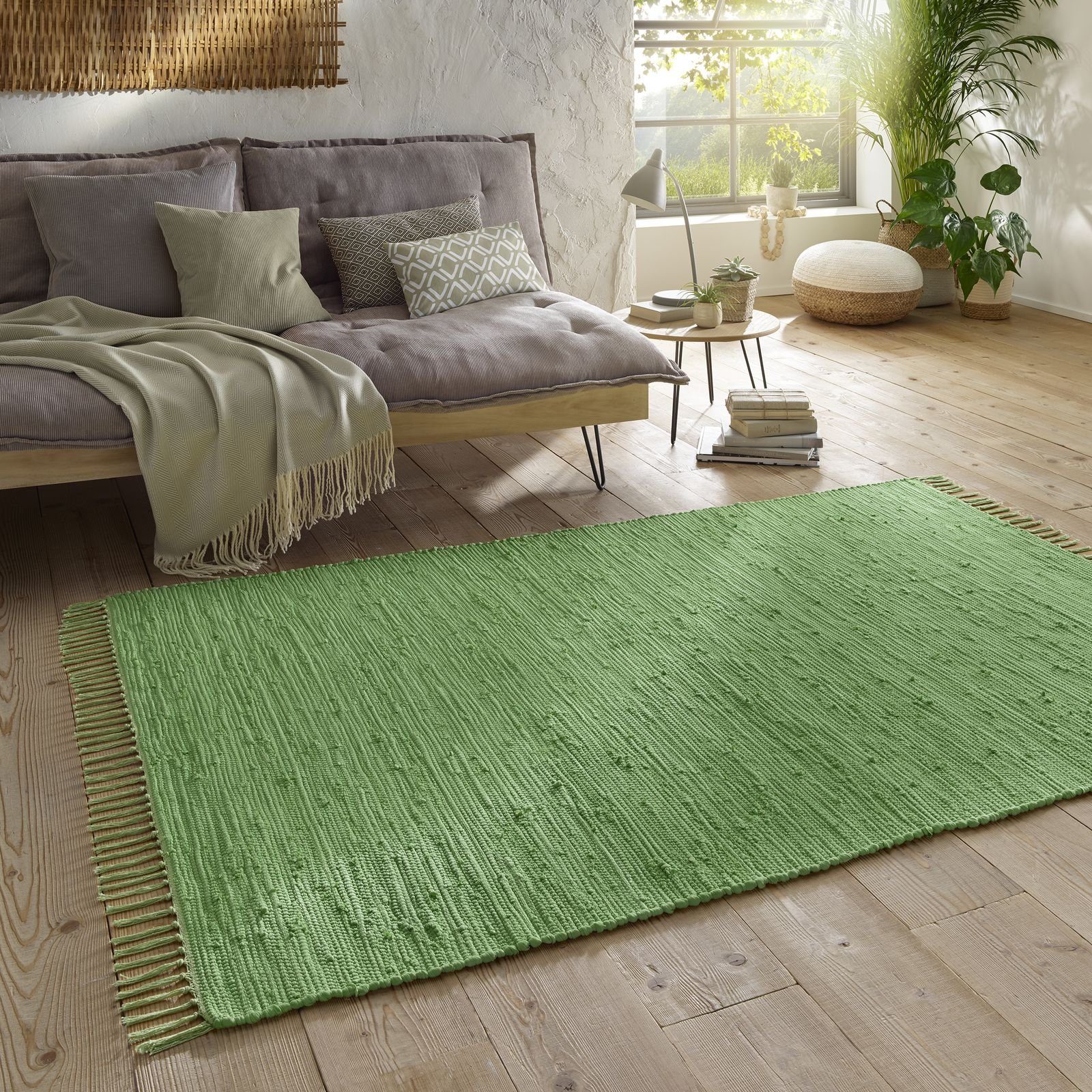 TaraCarpet Teppich Flickenteppich TaraCarpet Sylt mit Fransen, rechteckig, Höhe: 5 mm, Wohnzimmer Schlafzimmer Küchenteppich grün 060x120