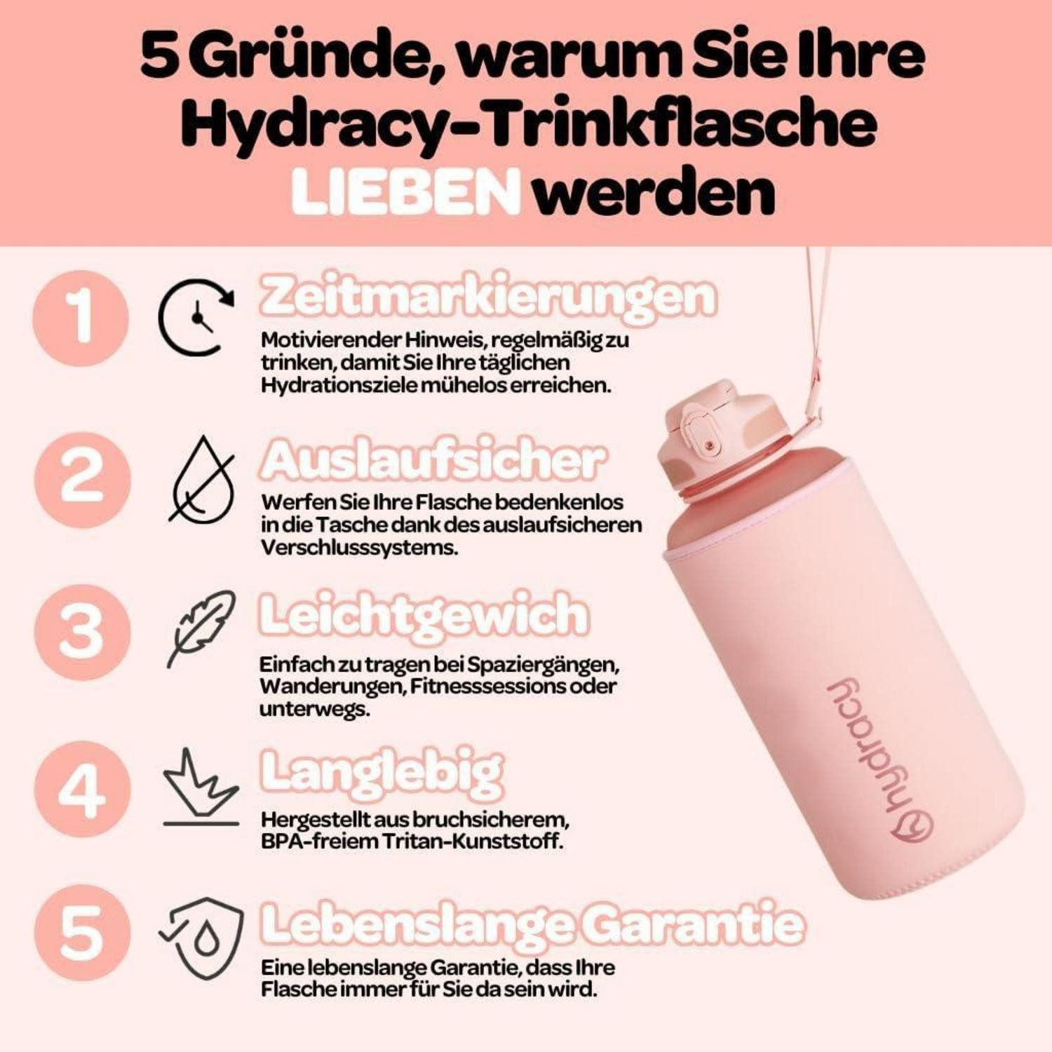 LuxusKollektion Trinkflasche Trinkflasche Fruchteinsatz BPA frei 2L Schnelltrink Rosa Gold