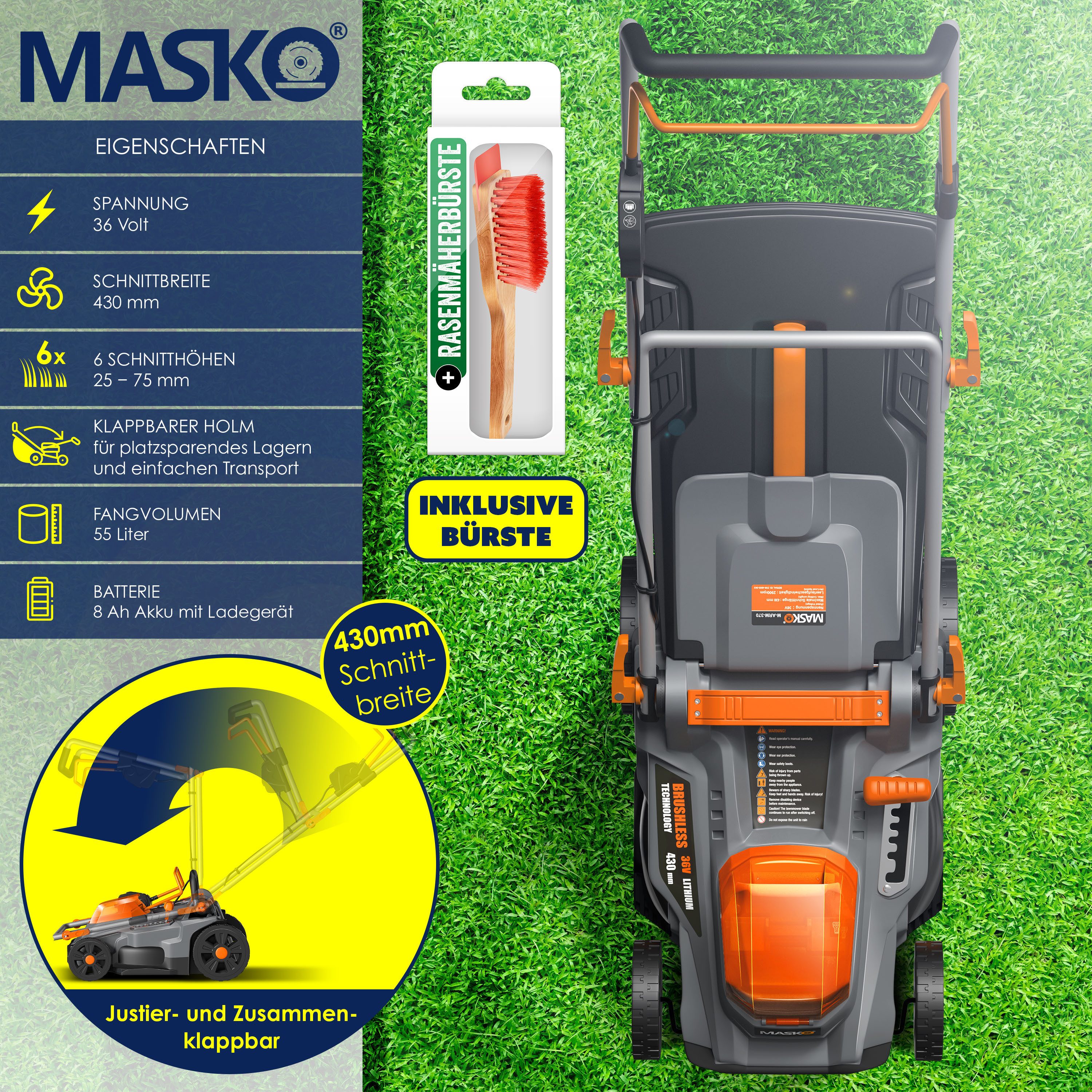MASKO Akkurasenmäher ECO-X10 43cm Schnittbreite, 55L Fangkorb, 2x 4,0Ah Akkus & Ladegerät, mit Mulchfunktion, 6 Schnitthöhen einstellbar & verstellbare Griffhöhe