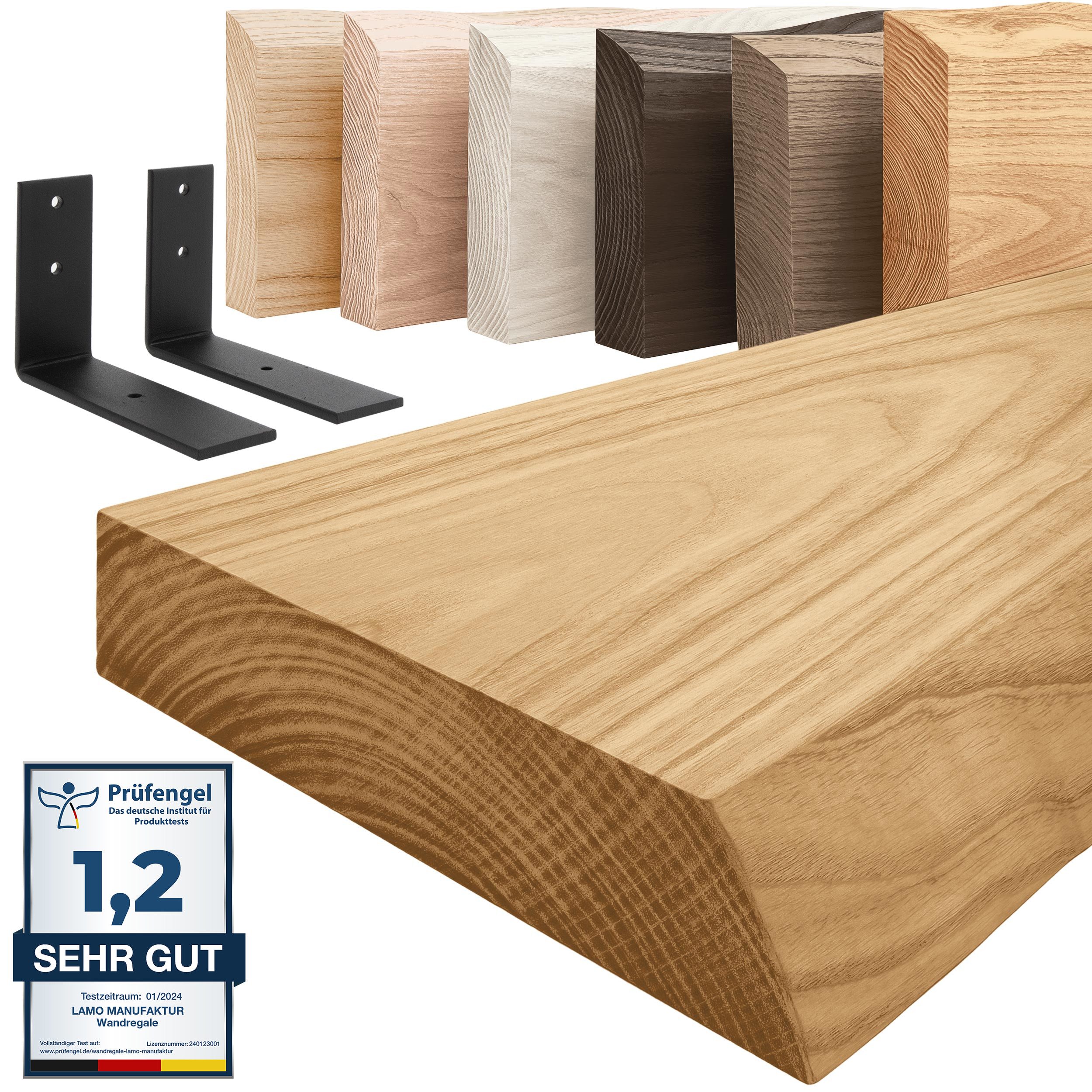 LAMO Manufaktur Wandregal Holz Baumkante Regal Farbe: Rustikal mit schwarzem Basic 40 cm, Komplett-Set, 40mm stake Massivholzplatte