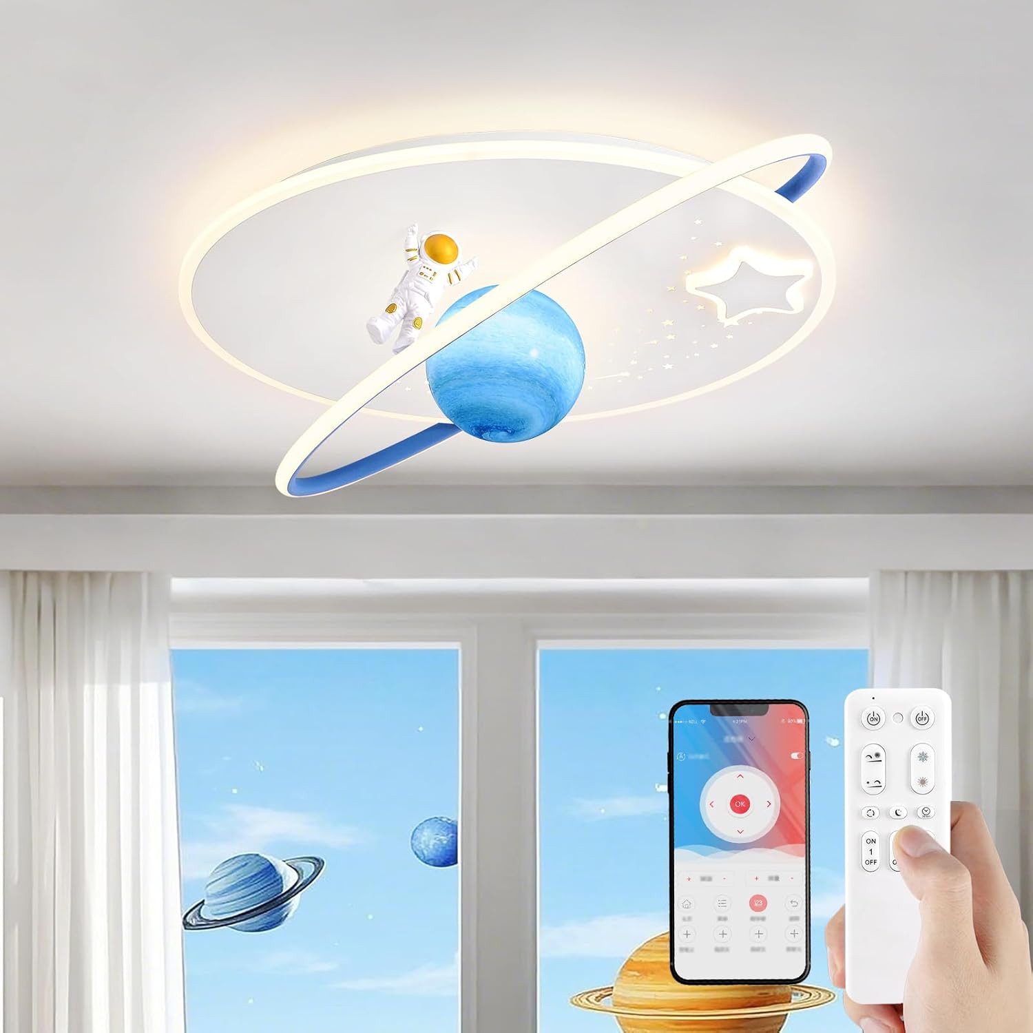 RRBEST Deckenleuchte LED Kinder Deckenlampe, Modernes Design Mond Astronaut Deckenleuchte, Dimmbar mit Fernbedienung Jungen und Mädchen Kinderzimmer Lampen