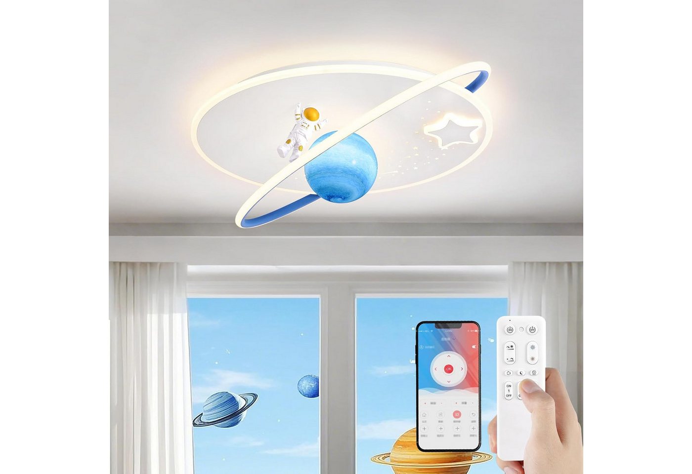 RRBEST Deckenleuchte LED Kinder Deckenlampe, Modernes Design Mond Astronaut Deckenleuchte, Dimmbar mit Fernbedienung Jungen und Mädchen Kinderzimmer Lampen