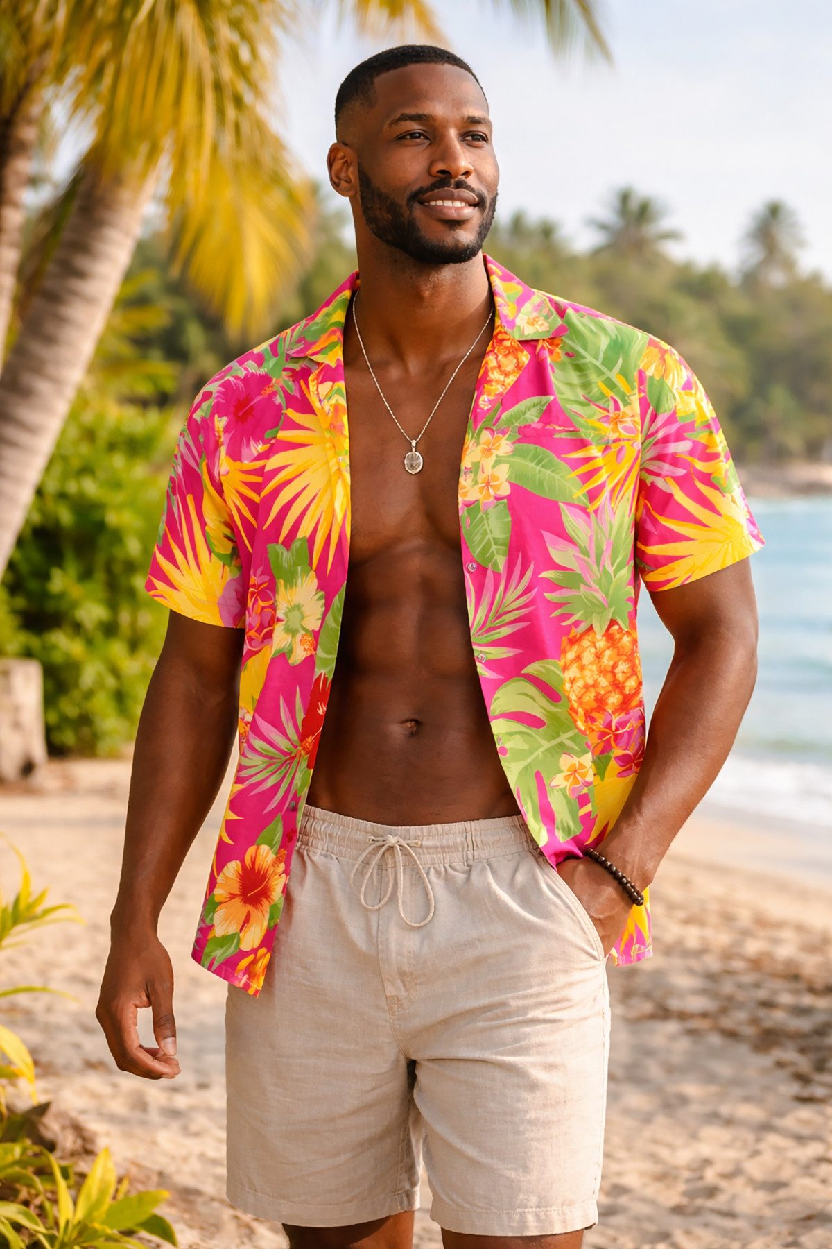 King Kameha Hawaiihemd "Pineapple" Funky Hawaii-Hemd Herren Kurzarm Front-Tasche Stylish