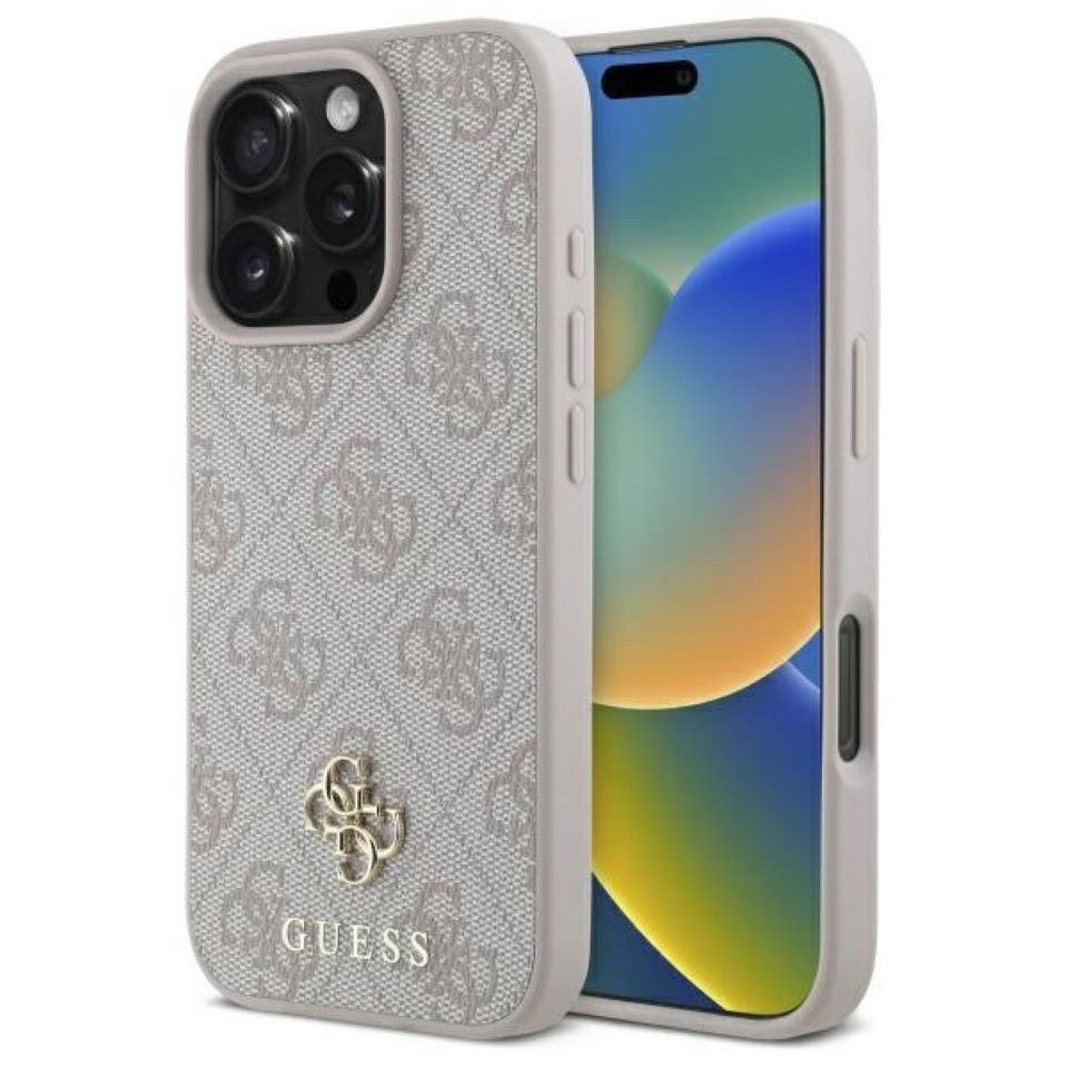 Guess Handyhülle iPhone 16 Pro Max Kunstleder rosa Logo goldfarbig MagSafe kompatibel 6,9 Zoll, Kantenschutz