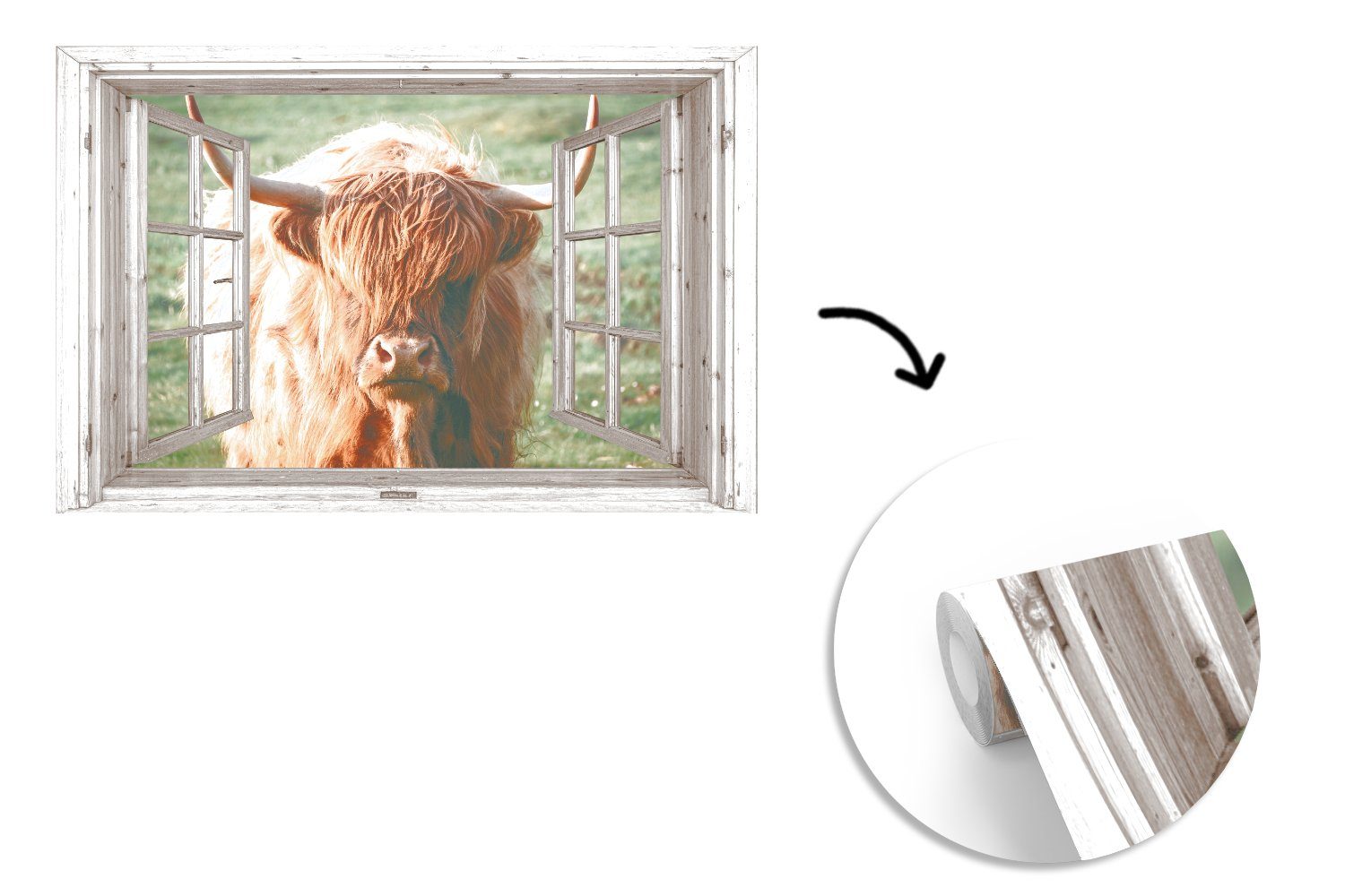 MuchoWow Fototapete Schottischer Highlander - Fenster - Kinderzimmer, für bedruckt, Matt, Ansicht Vinyl Tapete (6 St), Schlafzimmer, Tier, - Wallpaper Wohnzimmer