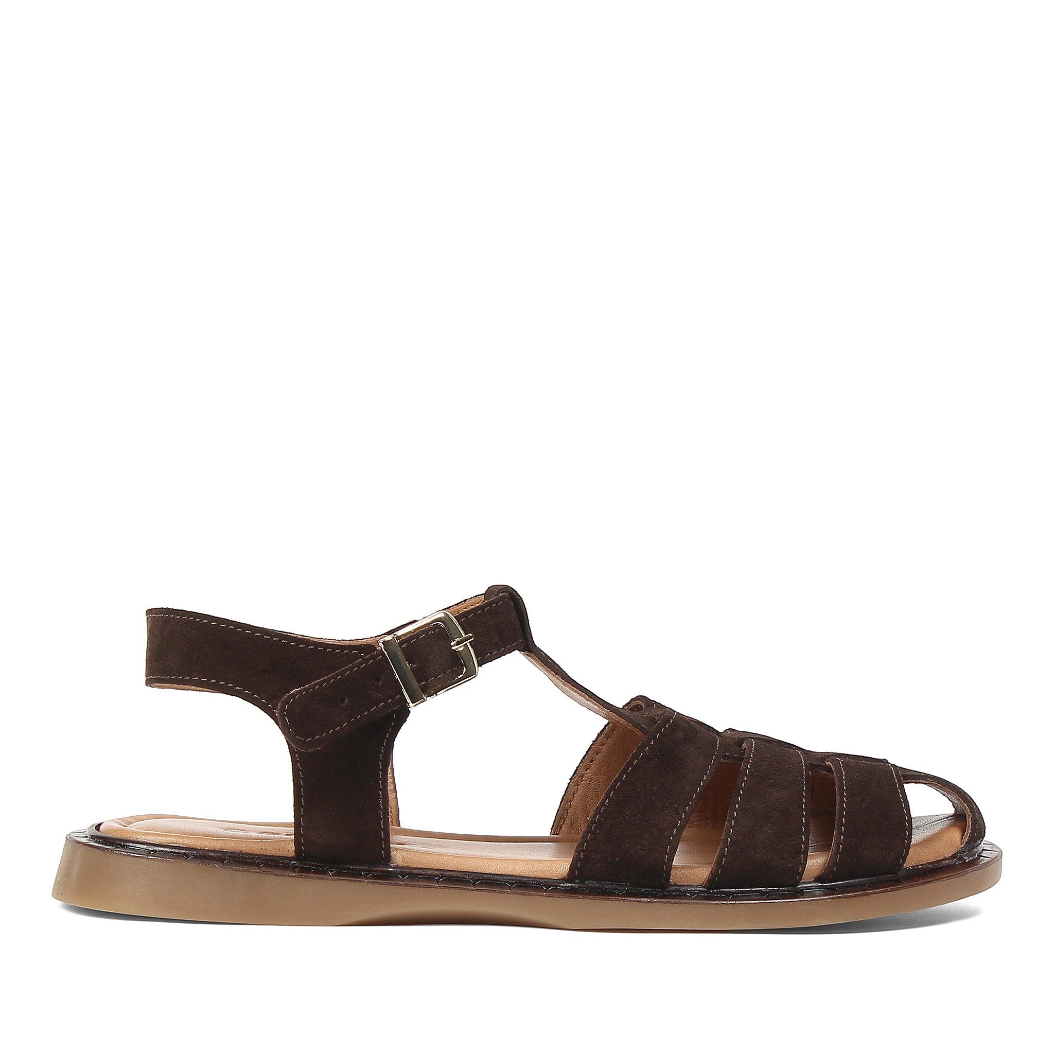 Celal Gültekin Fischerriemen Knöchelriemen Schnalle Boho Vintage Damen Riemchensandale Veloursleder, Echtleder-Futter & Decksohle, Braun, 36