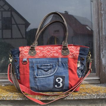 Sunsa Messenger Bag Große Damen Handtasche. XXL Schultertasche aus recycelte Jeans und rote Canvas. Tasche mit Extra verstellbarer Umhänge Gurt, Aus recycelten Materialien
