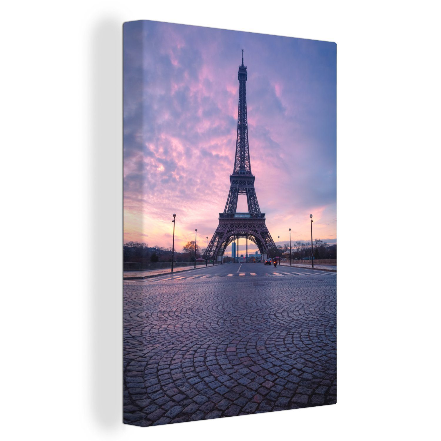 OneMillionCanvasses® Leinwandbild Der Eiffelturm vor einem violetten Himmel, (1 St), Leinwandbild fertig bespannt inkl. Zackenaufhänger, Gemälde, 20x30 cm | Leinwandbilder