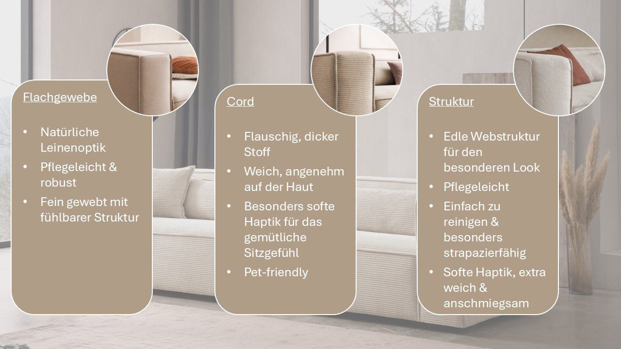 LeGer Home by Lena Gercke 3-Sitzer PIARA, Couch mit Kedernaht, Sofa in Cord, Leinenoptik o. Strukturstoff, schwarze Füße, bequemer Sitzkomfort