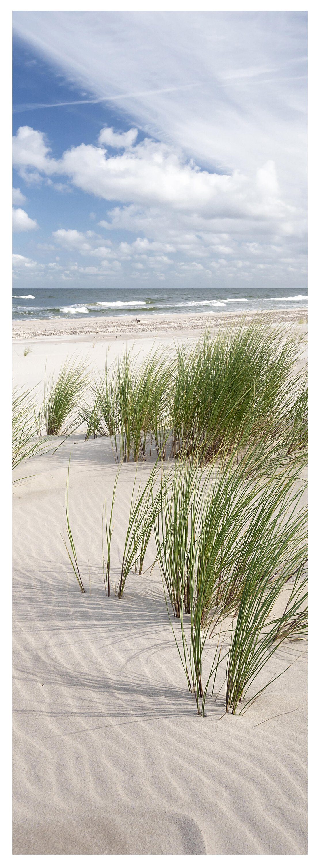 glatt, Türtapete Dekorfolie wandmotiv24 Sand-strand, Fototapete, Meer, Wandtapete, matt, am Gräser Wasser, Motivtapete, selbstklebende