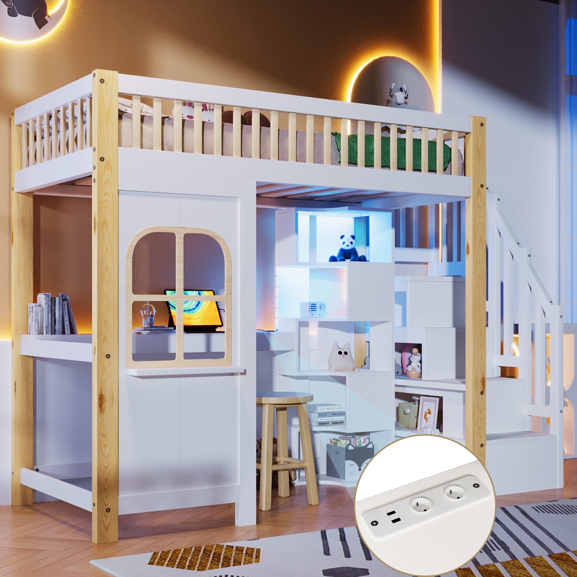 Merax Hochbett mit LED und Steckdose (1-St., Stockbett Jugendbett Hausbett Etagenbett Einzelbett) Kinderbett 90x200cm mit Schreibtisch, Ablagefächern, Treppe & Fenster