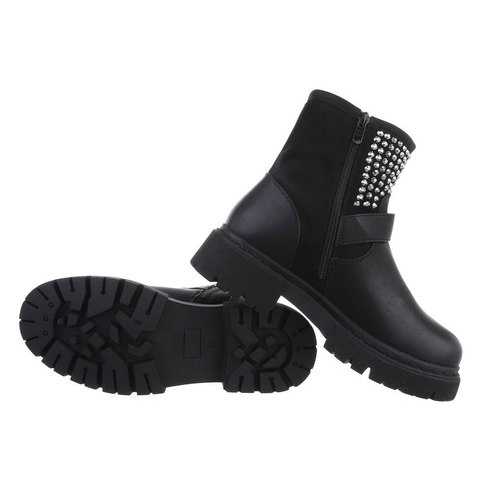 Bikerschuhe Damen in Plateaustiefeletten Ital-Design Biker Blockabsatz Schwarz Westernstiefelette