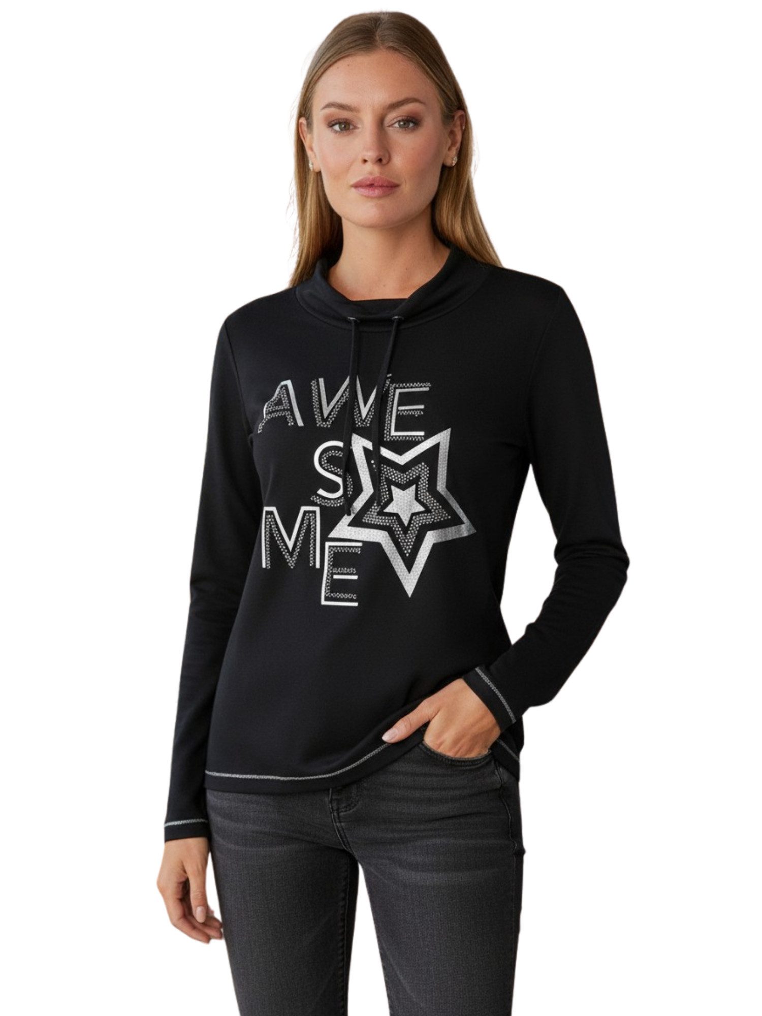 Estefania for woman Langarmshirt 193-1249, "awesome" mit Strass und Metallicprint Tunnelzug am Kragen